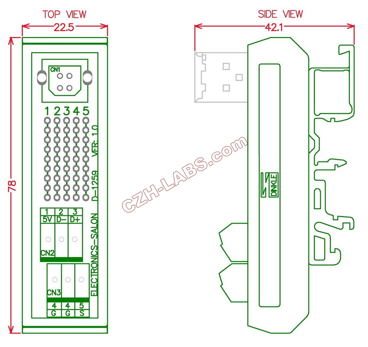 Slim DIN Rail Mount USB Type B Female Vertical Jack Breakout Board Interface Module.