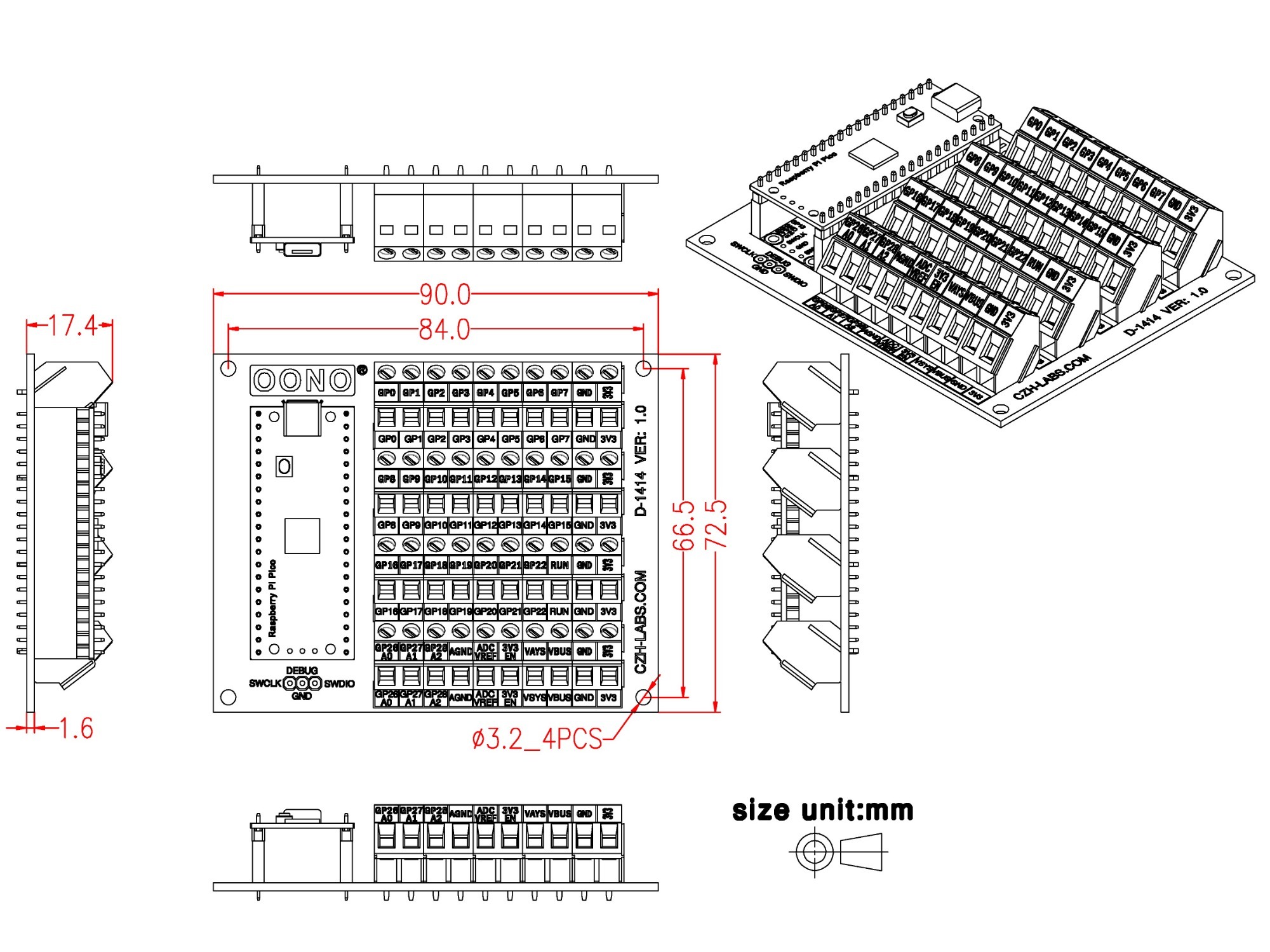 Screw Terminal Block Breakout Module Board for Raspberry Pi Pico