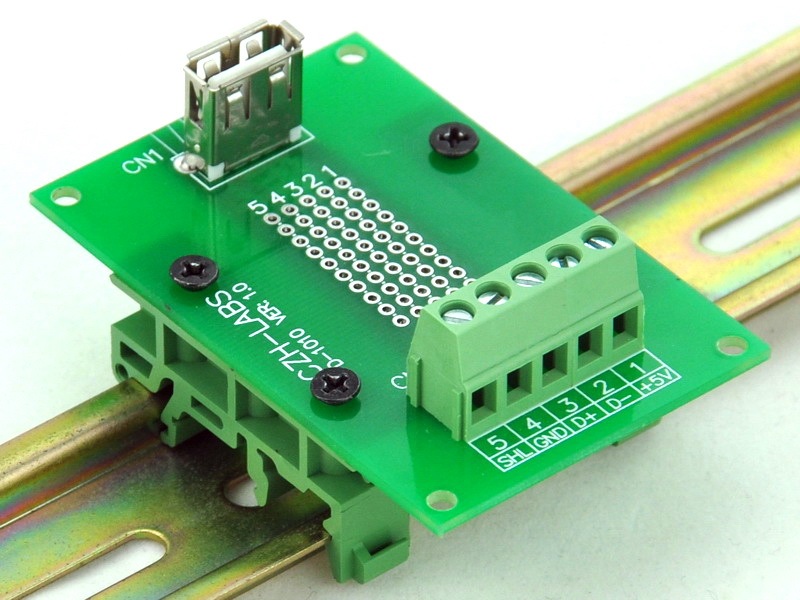 CZH-LABS USB Type A Female Vertical Jack Breakout Board, w/Simple DIN Rail Mount Feet.