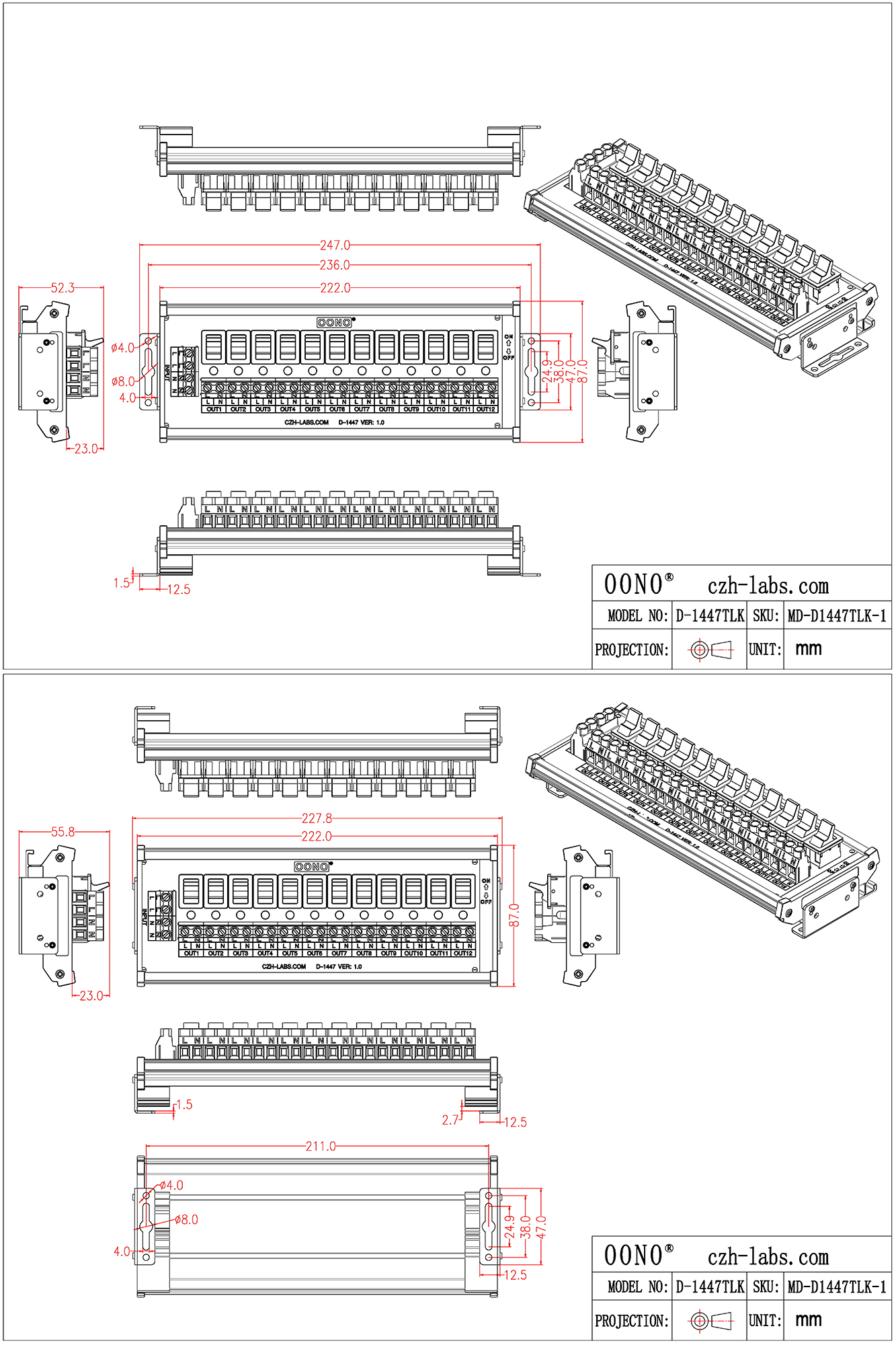 Wall Mount 12 Channel Paddle Rocker Switch AC 115V 230V Power Distribution Strip Module