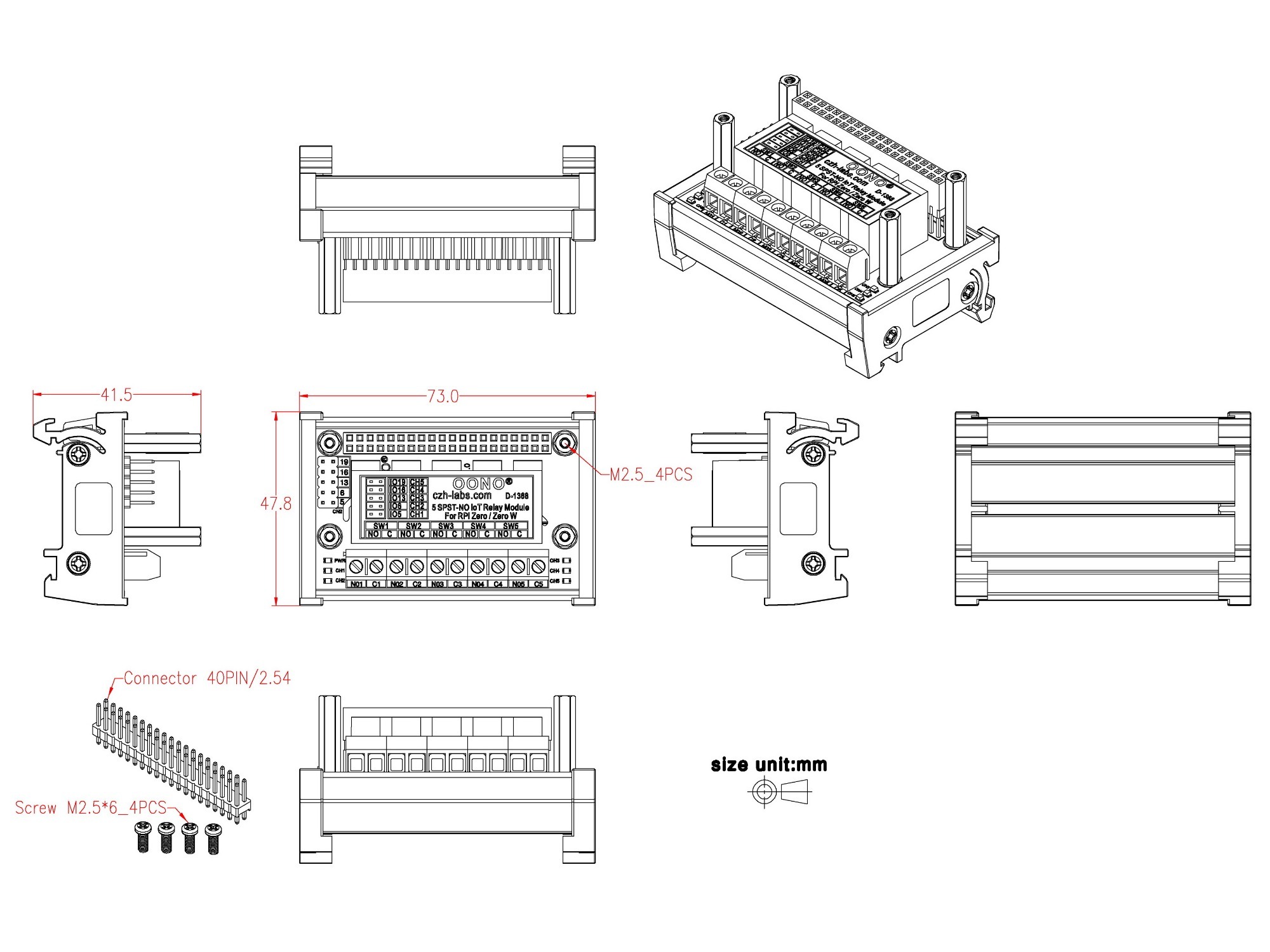 DIN Rail Mount 5 SPST-NO RPi IoT Power Relay Module for Raspberry Pi Zero / Zero-W
