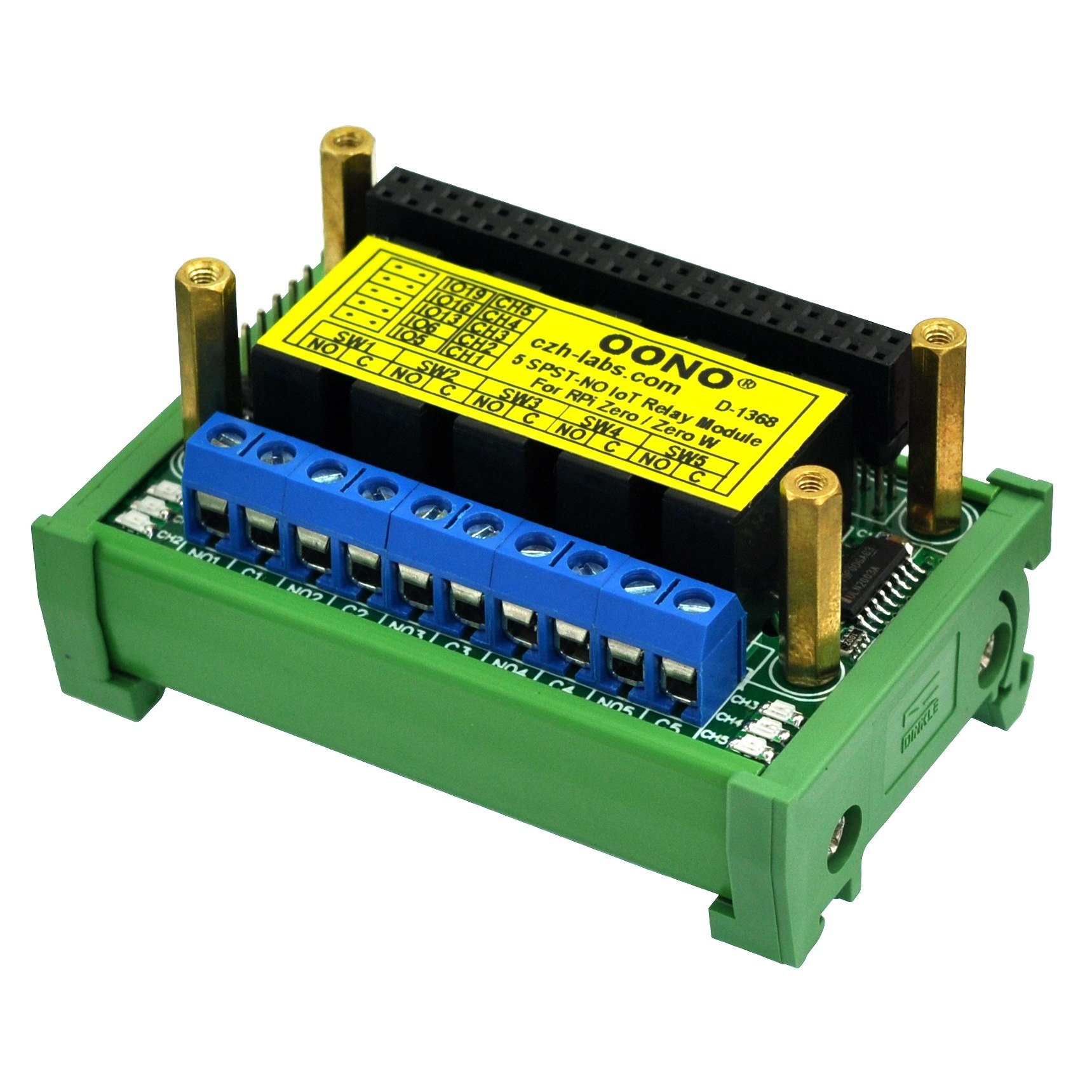 DIN Rail Mount 5 SPST-NO RPi IoT Power Relay Module for Raspberry Pi Zero / Zero-W