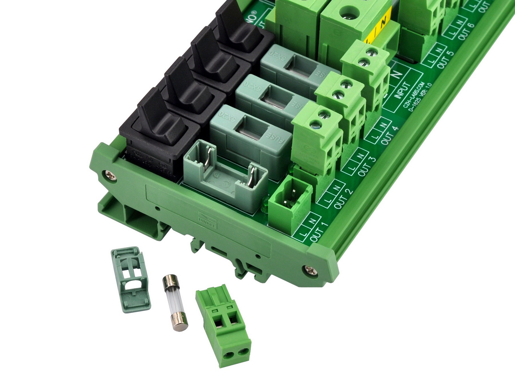 AC 52 Amp 8 Channel Power Distribution Module, Paddle Switch, Fused, Pluggable Side Wiring Terminal Block, DIN Rail and Screw Mount