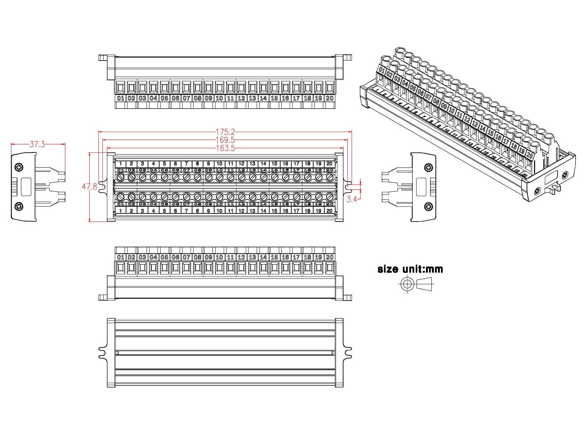 Screw Mount 30A/300V 20 Position Screw Terminal Block Distribution Module