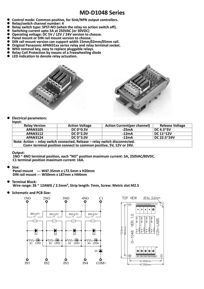 CZH-LABS Slim Panel Mount DC5V Sink/NPN 4 SPST-NO 5A Power Relay Module, APAN3105