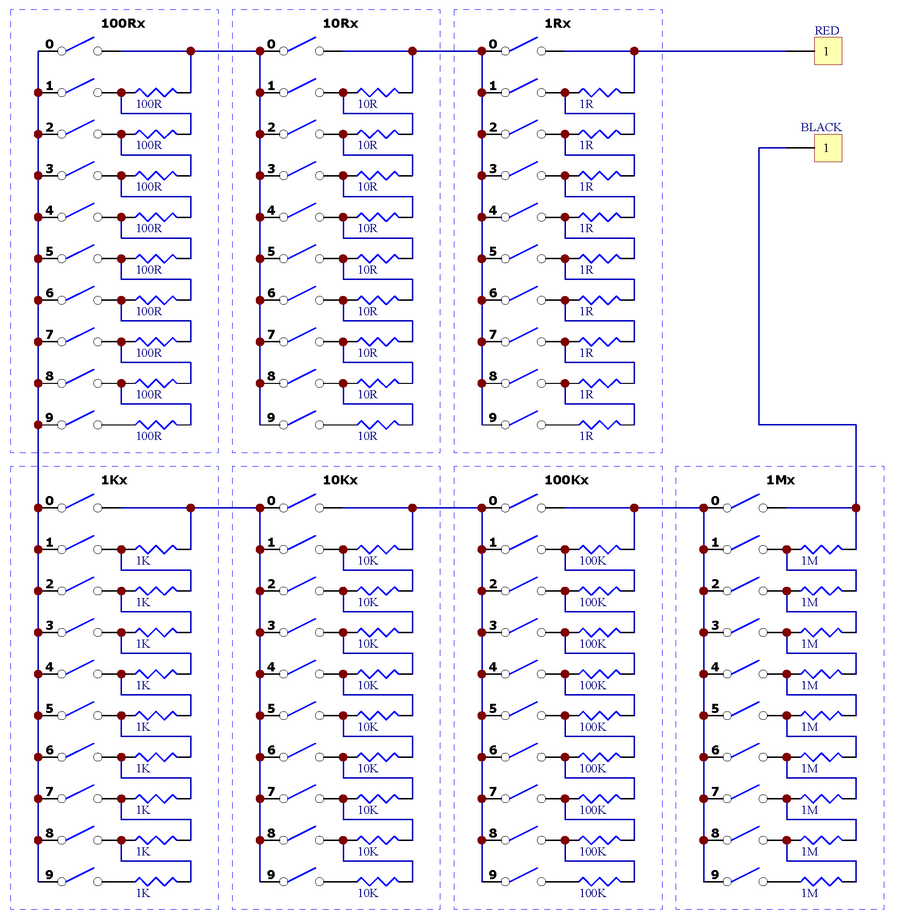 ELECTRONICS-SALON 1R - 9999999R Seven Decade Programmable Resistor Board, Step 1R, 1%, 1/4W.