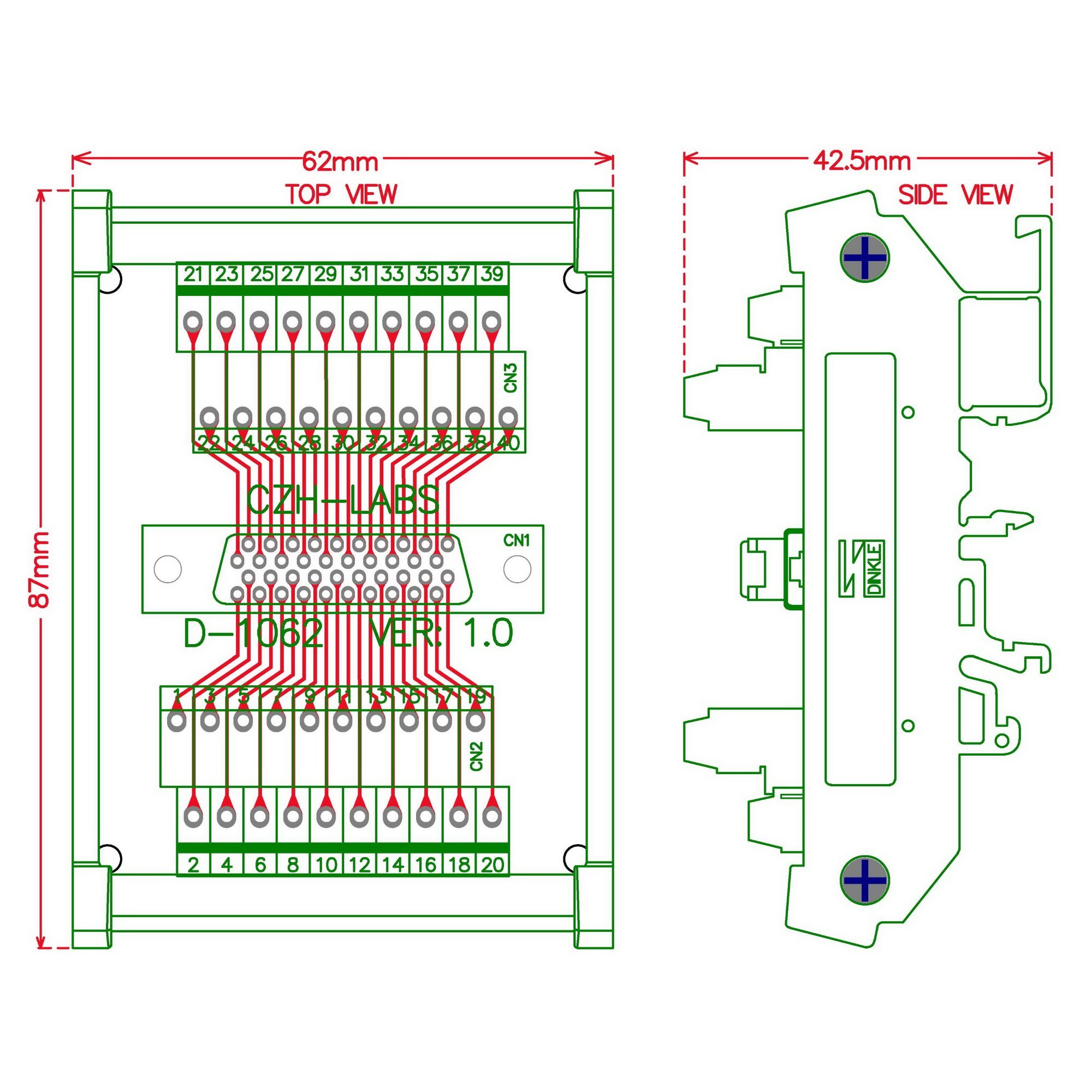 CZH-LABS DIN Rail Mount 40-pin 0.05" Mini D Ribbon/MDR Female Interface Module, SCSI.