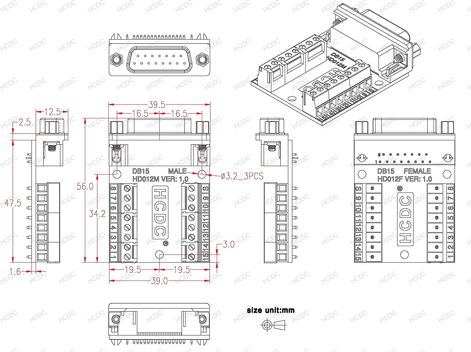 Slim Right Angle D-SUB Header Breakout Board Terminal Block DSUB Connector Module (DB15 Male)