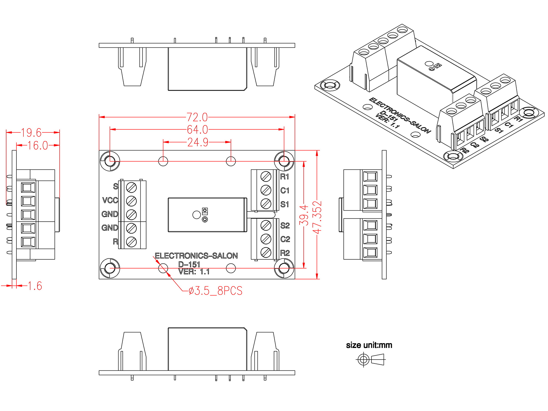 ELECTRONICS-SALON Bistable/Latching DPDT 8 Amp Power Relay Module, DC12V Coil