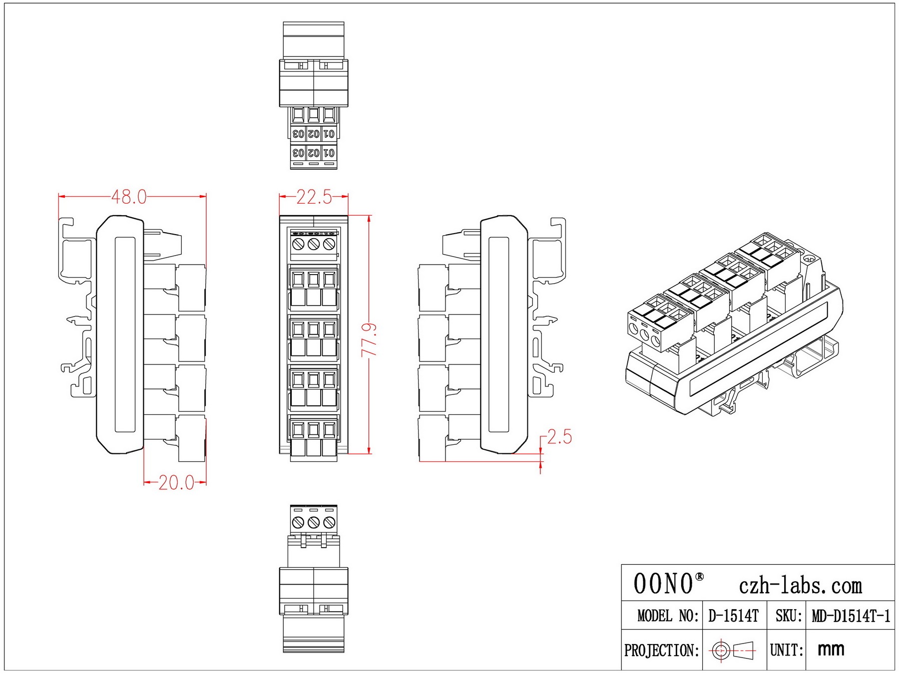 Slim DIN Rail Mount 10A/300V 5x3 Position Pluggable Screw Terminal Block Distribution Module
