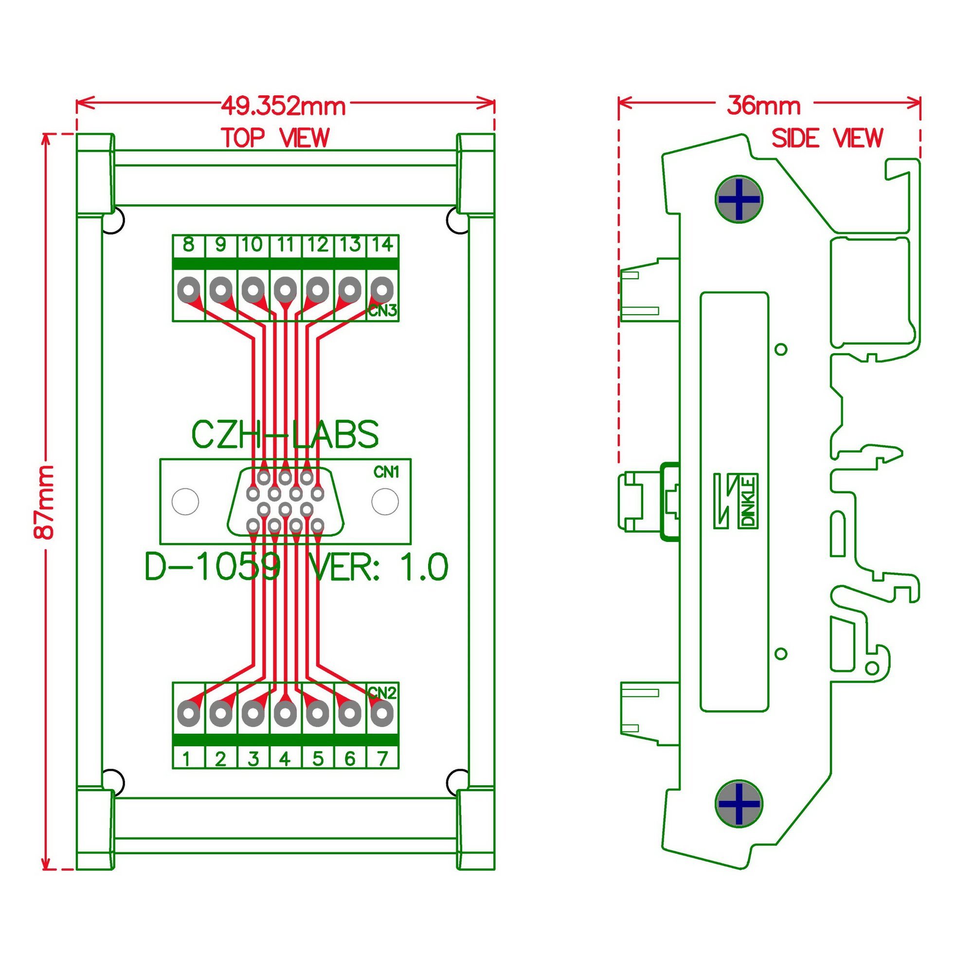 CZH-LABS DIN Rail Mount 14-pin 0.05" Mini D Ribbon/MDR Female Interface Module, SCSI.