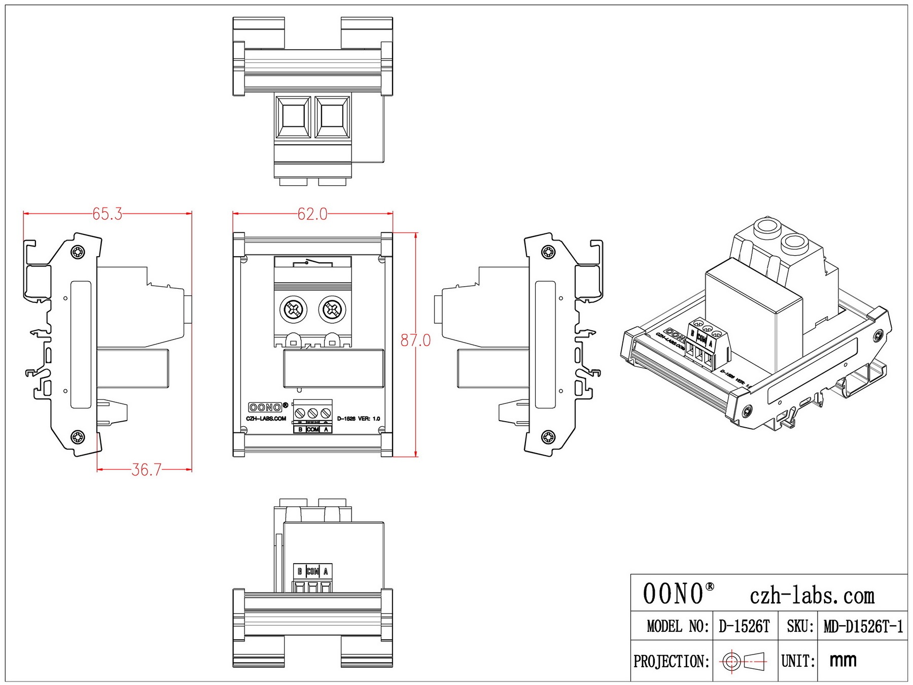 Passive 12V SPST 90Amp 277VAC/60VDC Latching Relay Module, DIN Rail Mount, OONO D-1526T