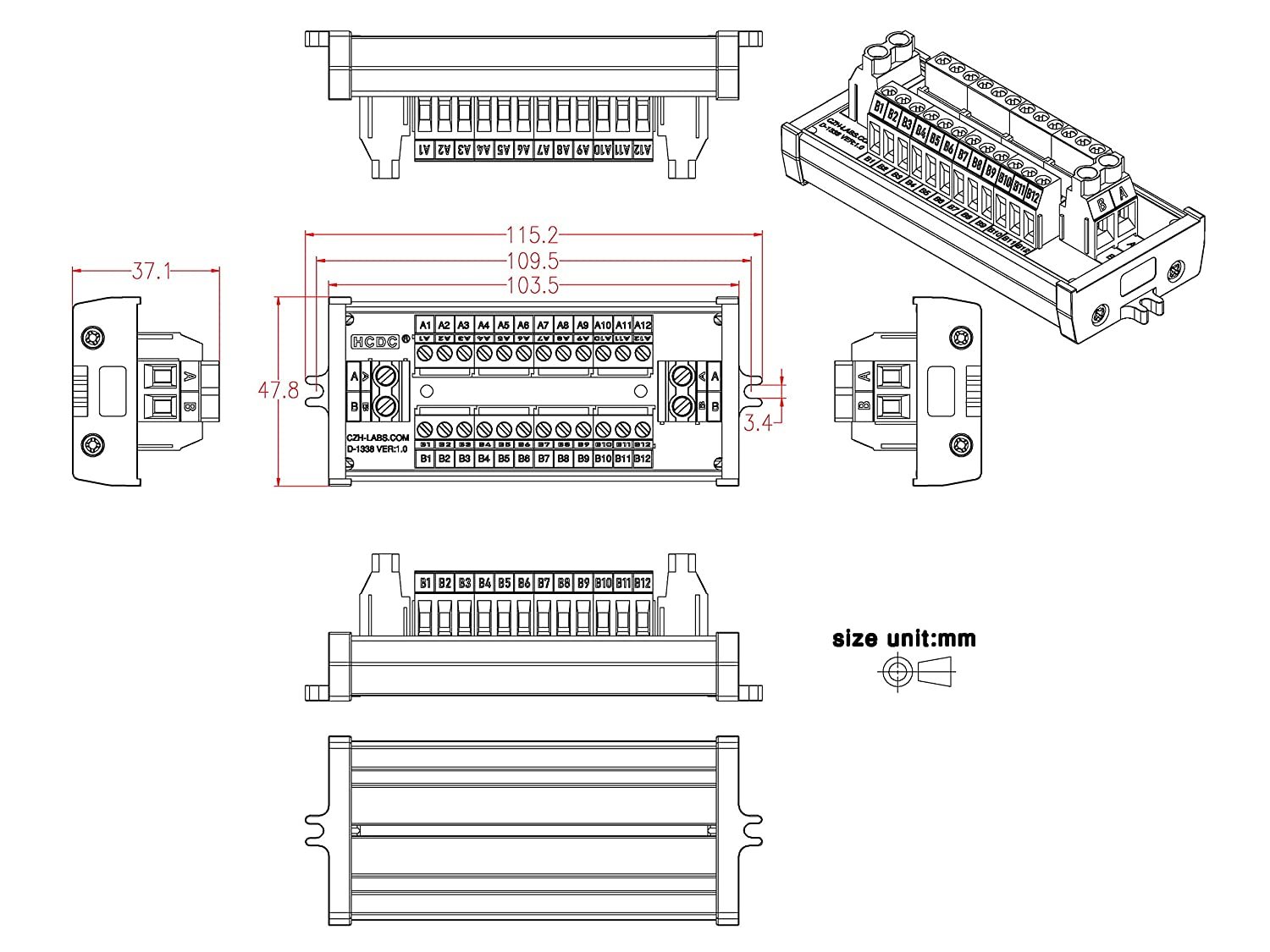 30Amp/300V 2x12 Position Terminal Block Distribution Module (Screw Mount)