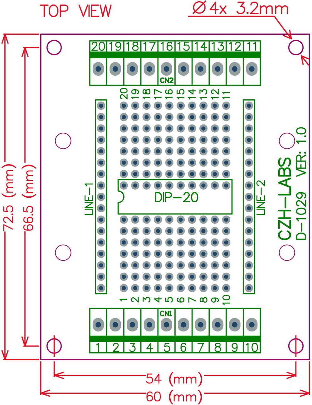 DIP-20 Component to Screw Terminal Block Adapter Board, DIP20 PCB.