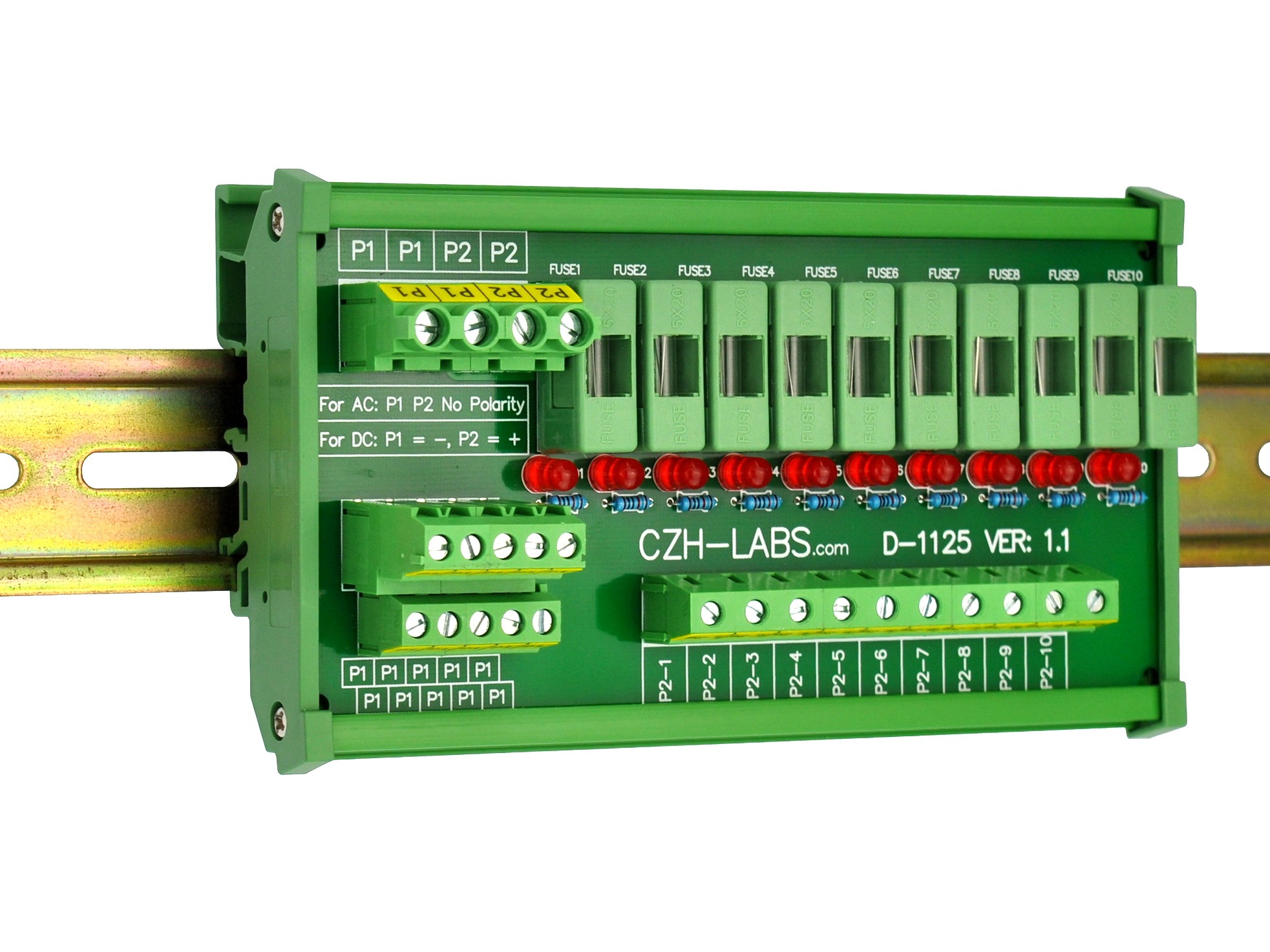 CZH-LABS DIN Rail Mount 80~140VAC 10 Position Power Distribution Fuse Module Board.