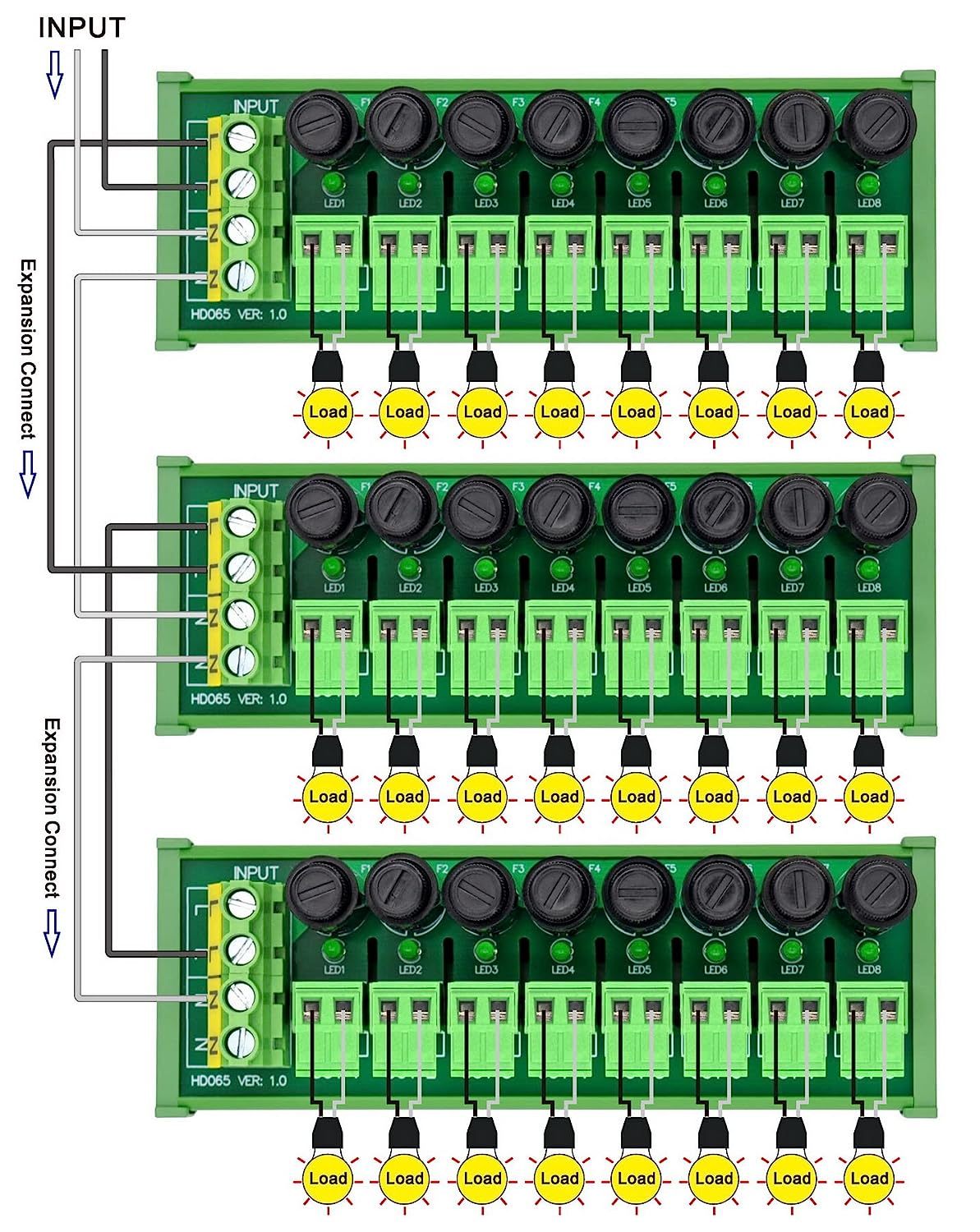 DIN Rail Mount AC 24-250V 8 Channel Pluggable Top Wiring Terminal Block Power Distribution Fuse Module, HCDC HD065VT