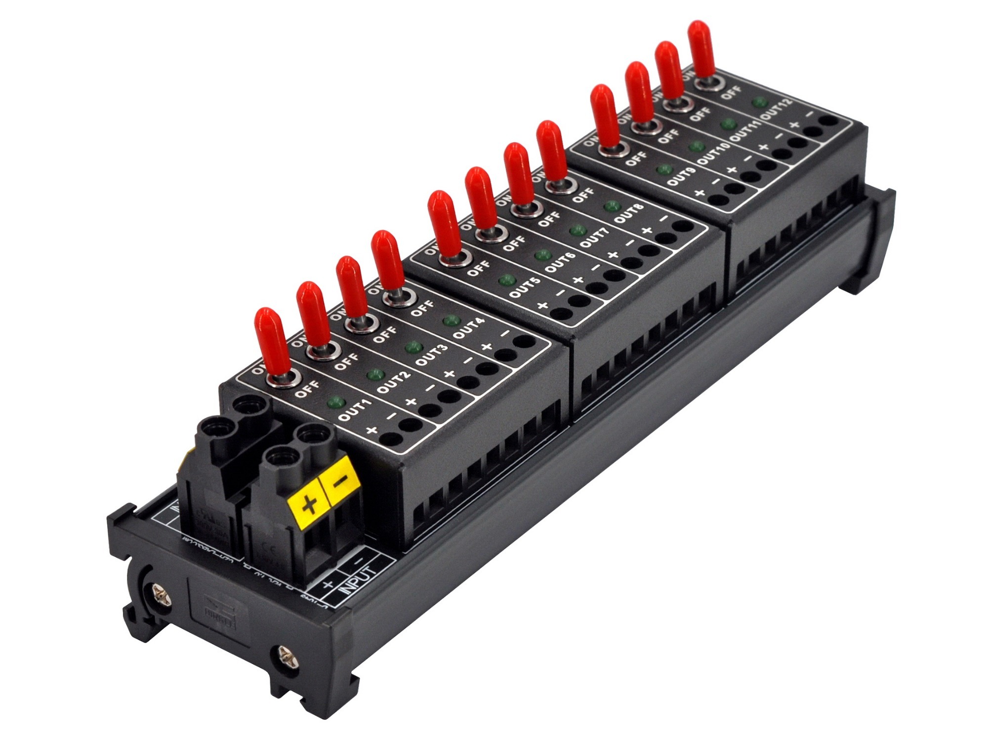 DC 12 Channel Toggle Switch Power Distribution Module, DIN Rail Mount