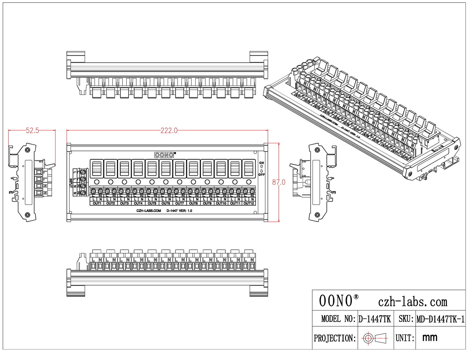 DIN Rail Mount 12 Channel Paddle Rocker Switch AC 115V 230V Power Distribution Strip Module