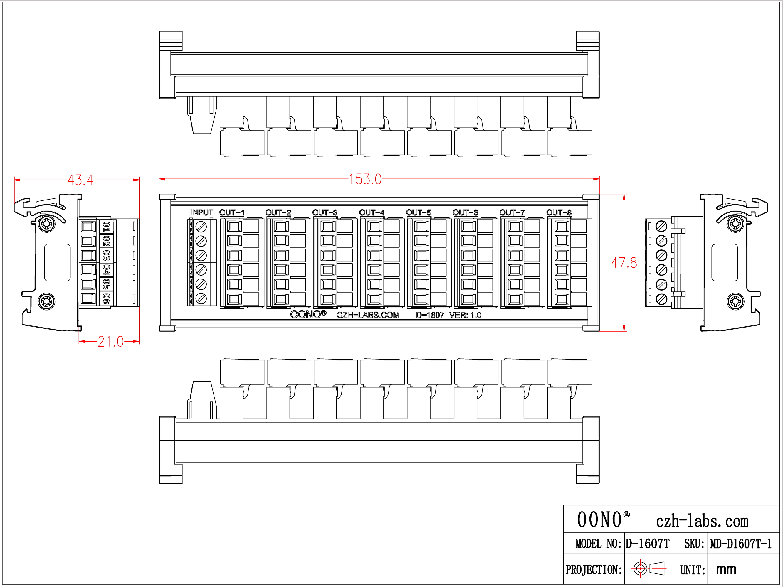 DIN Rail Mount 10A/300V 8x6 Pole Pluggable Screw Terminal Block Distribution Module