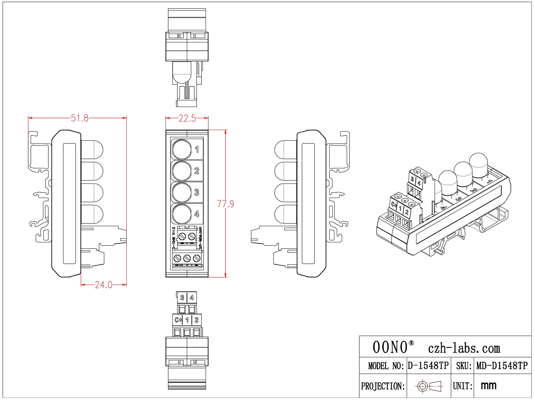 DIN Rail Mount DC 5-32V Common Positive 4 Red 10mm LED Indicator Light Module