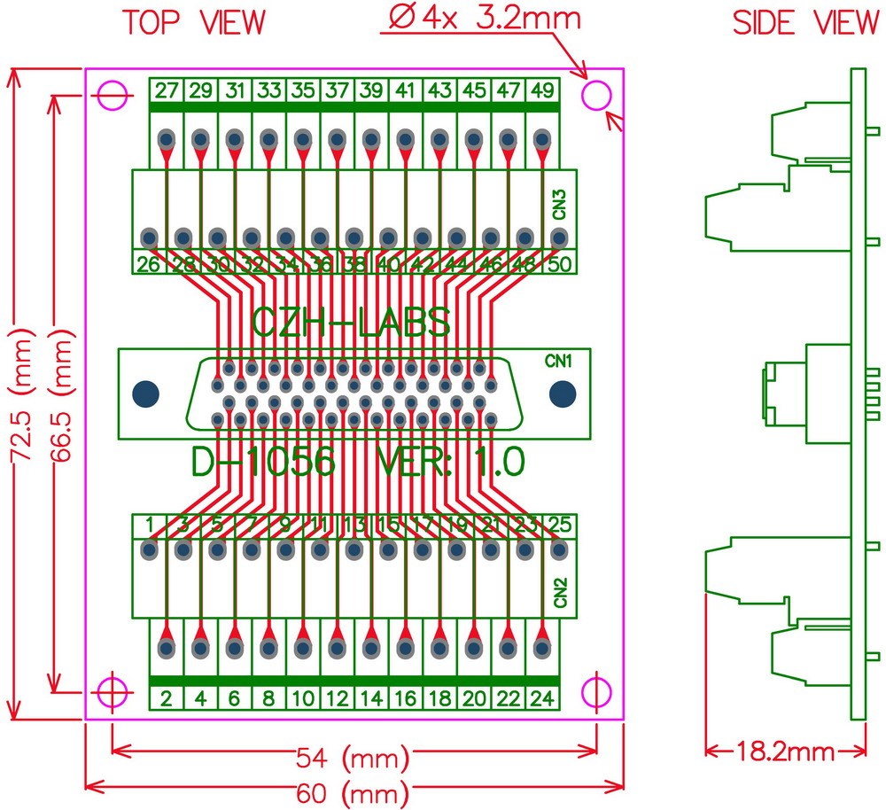 CZH-LABS 50-pin 0.05" Mini D Ribbon/MDR Female Breakout Board, SCSI, Terminal Module.