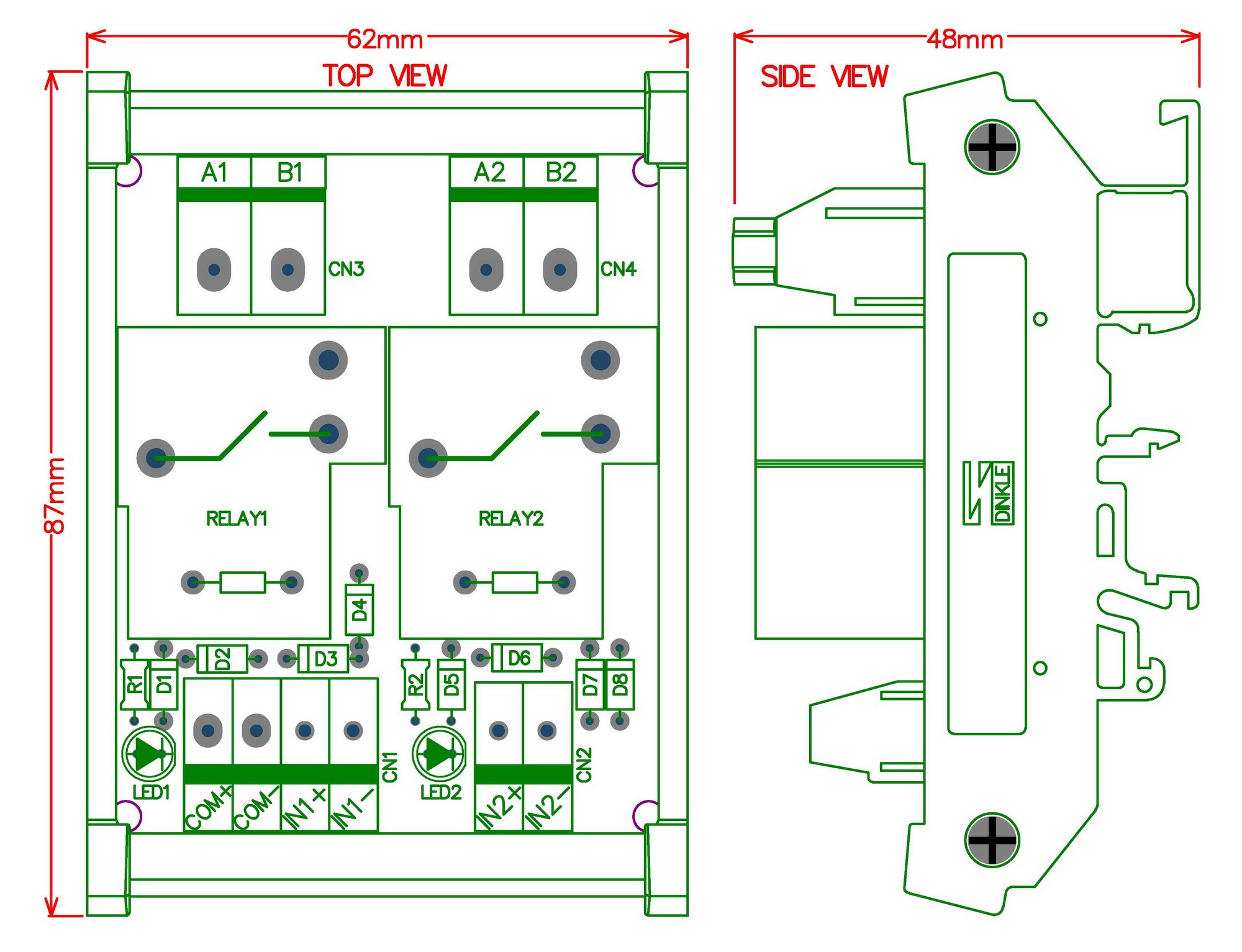 CZH-Labs DIN Rail Mount 24V Passive 2 SPST-NO 30Amp Power Relay Module.