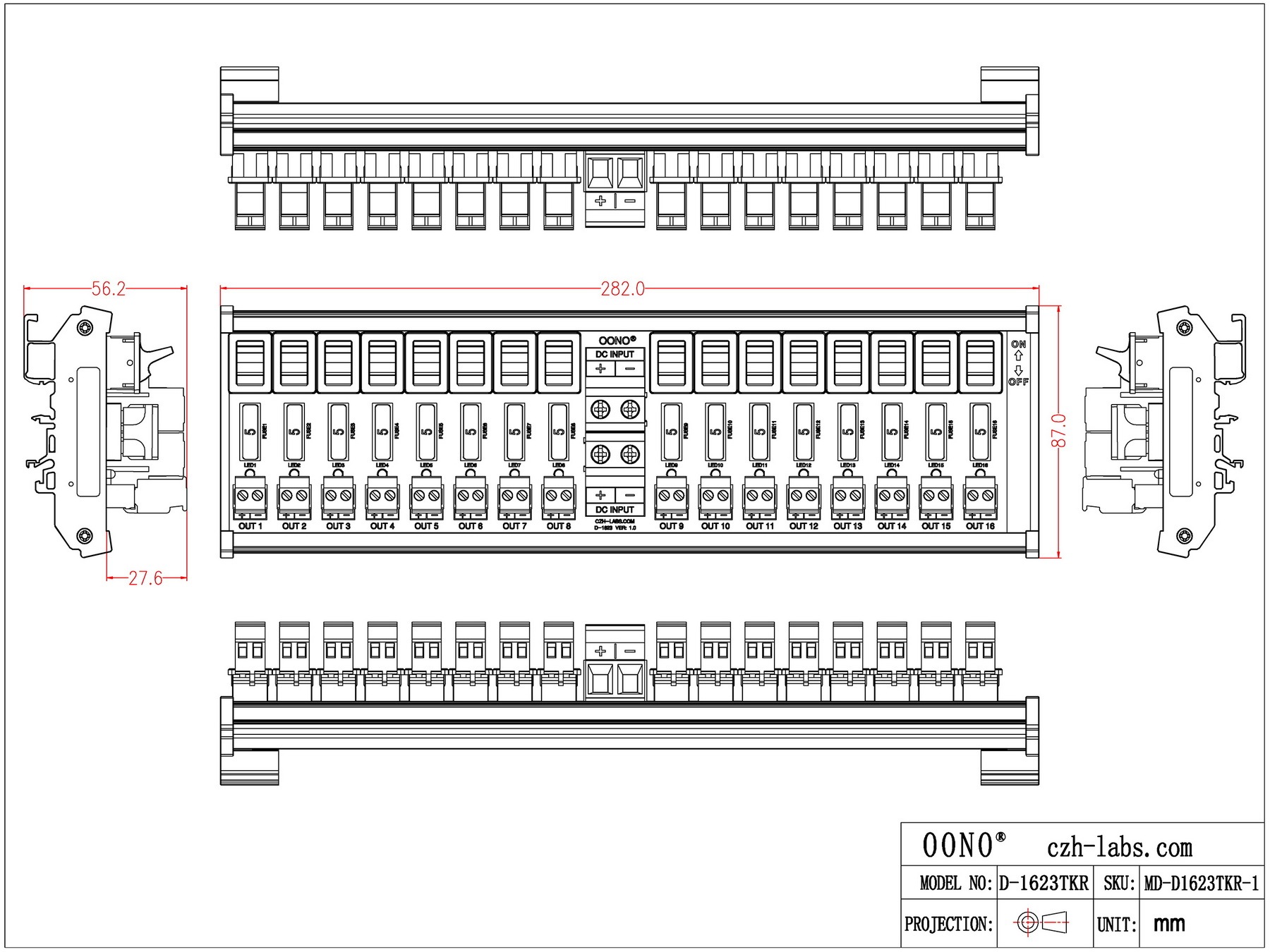 DC 52 Amp 16 Channel Power Distribution Module, Paddle Switch, Fused, Pluggable Side Wiring Terminal Block, DIN Rail and Screw Mount