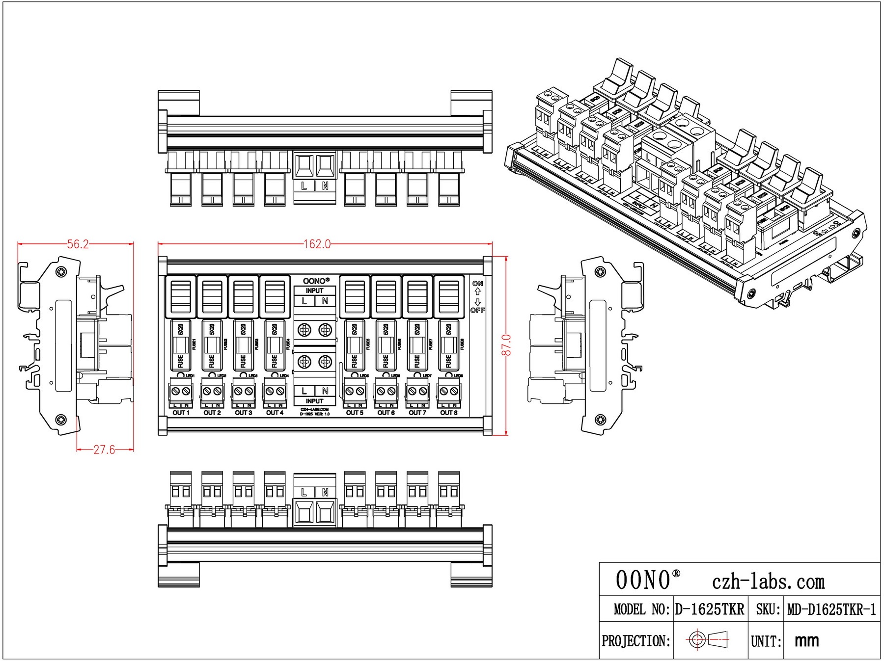 AC 52 Amp 8 Channel Power Distribution Module, Paddle Switch, Fused, Pluggable Side Wiring Terminal Block, DIN Rail and Screw Mount
