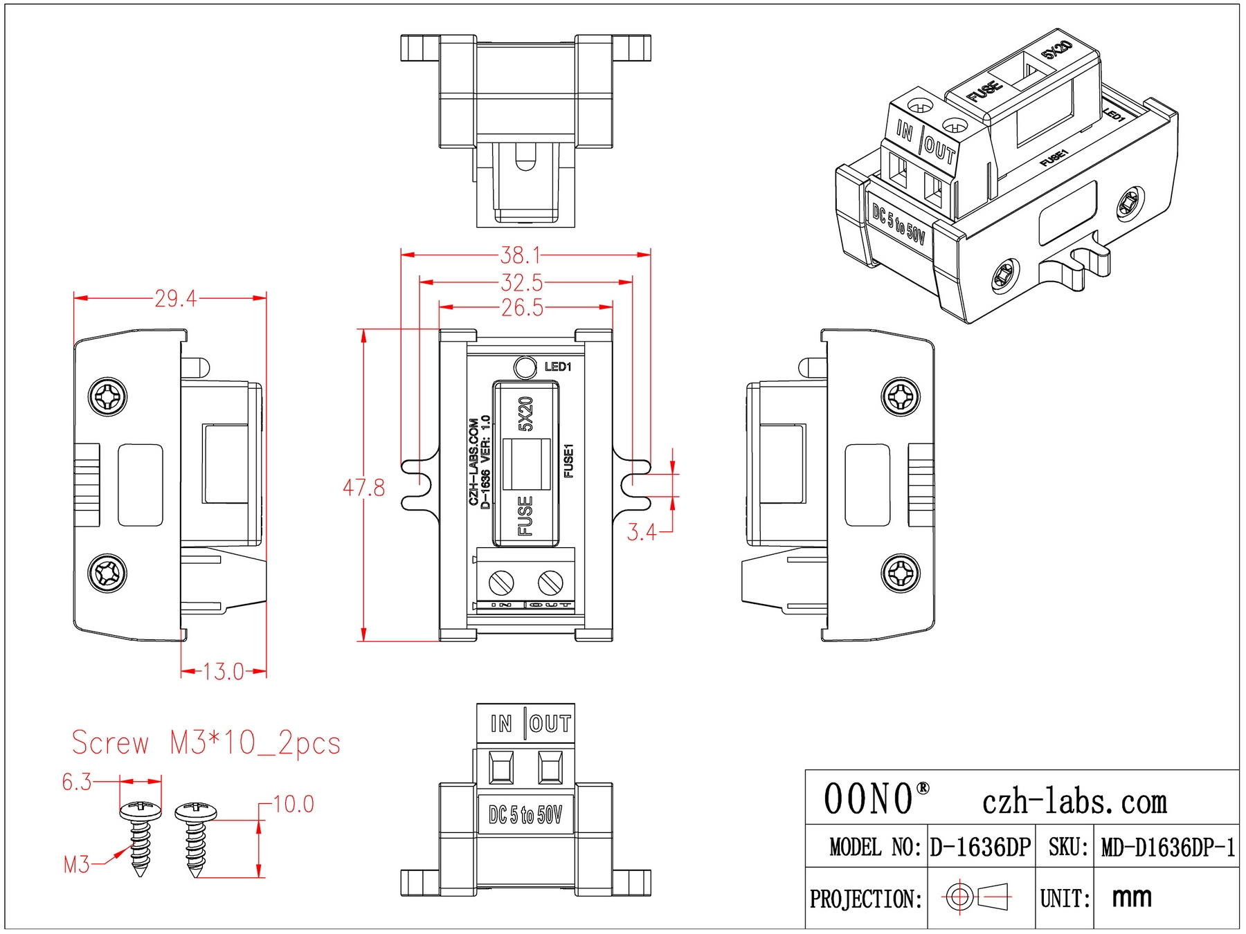 Screw Mount DC 5 - 50V 1 Channel Fuse Module, OONO D-1636DP