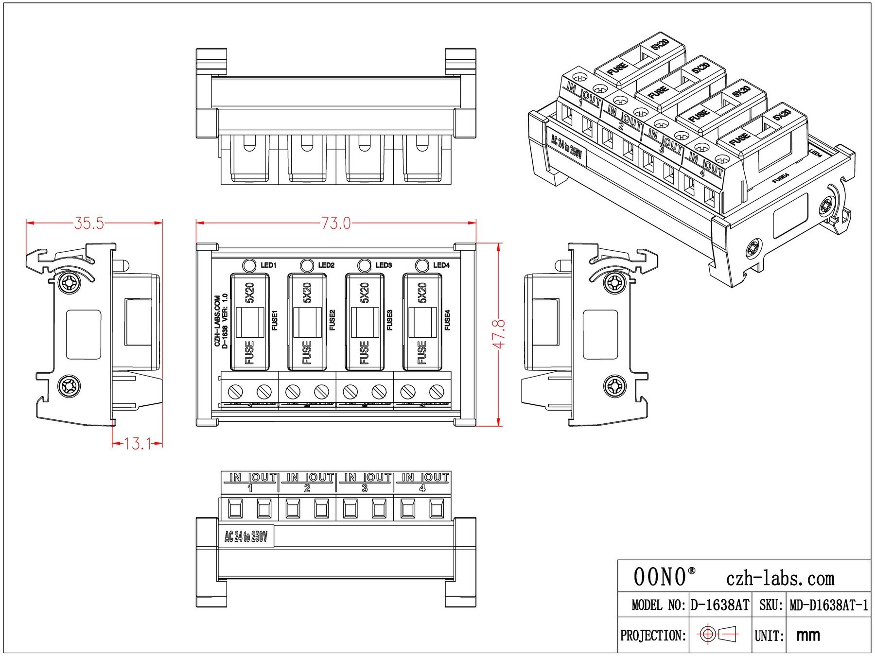 DIN Rail Mount AC 24 - 250V 4 Channel Fuse Module, OONO D-1638AT