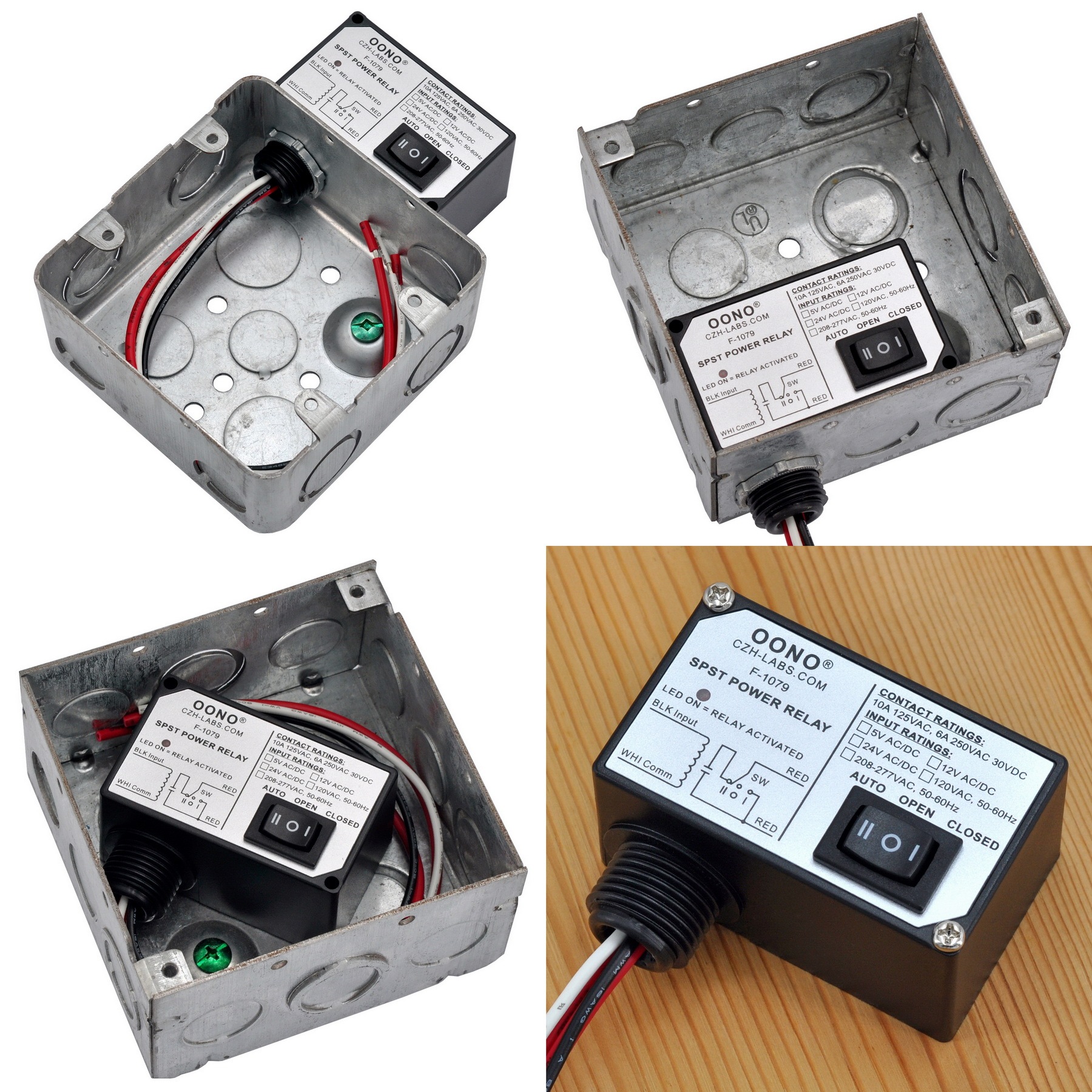 AC/DC 12V Power Relay Module SPSP-NO + Override Switch, 10Amp 125VAC, 6A 250VAC/30Vdc, Plastic Enclosure and Pre-wired, OONO F-1079