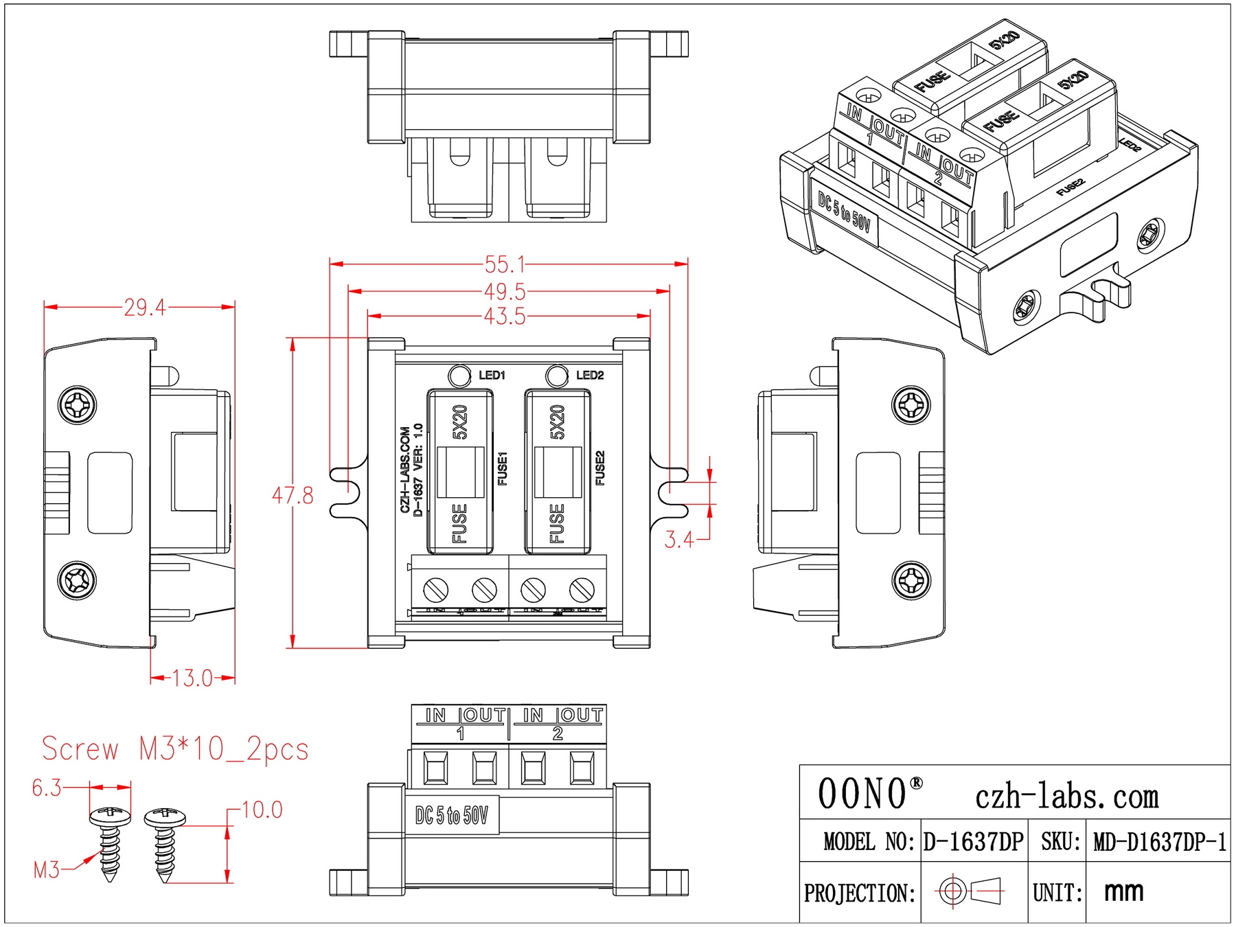 Screw Mount DC 5 - 50V 2 Channel Fuse Module, OONO D-1637DP