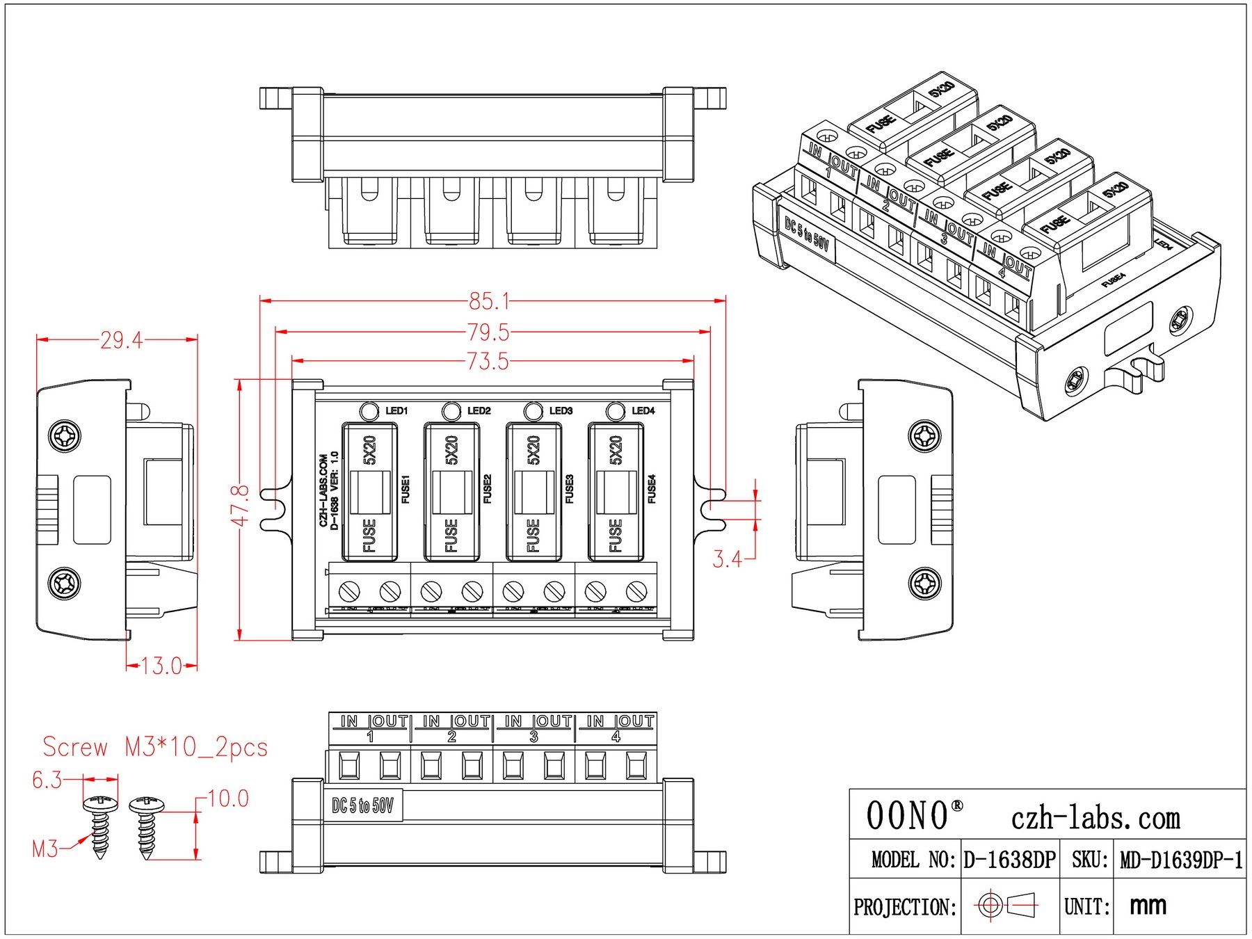 Screw Mount DC 5 - 50V 4 Channel Fuse Module, OONO D-1638DP