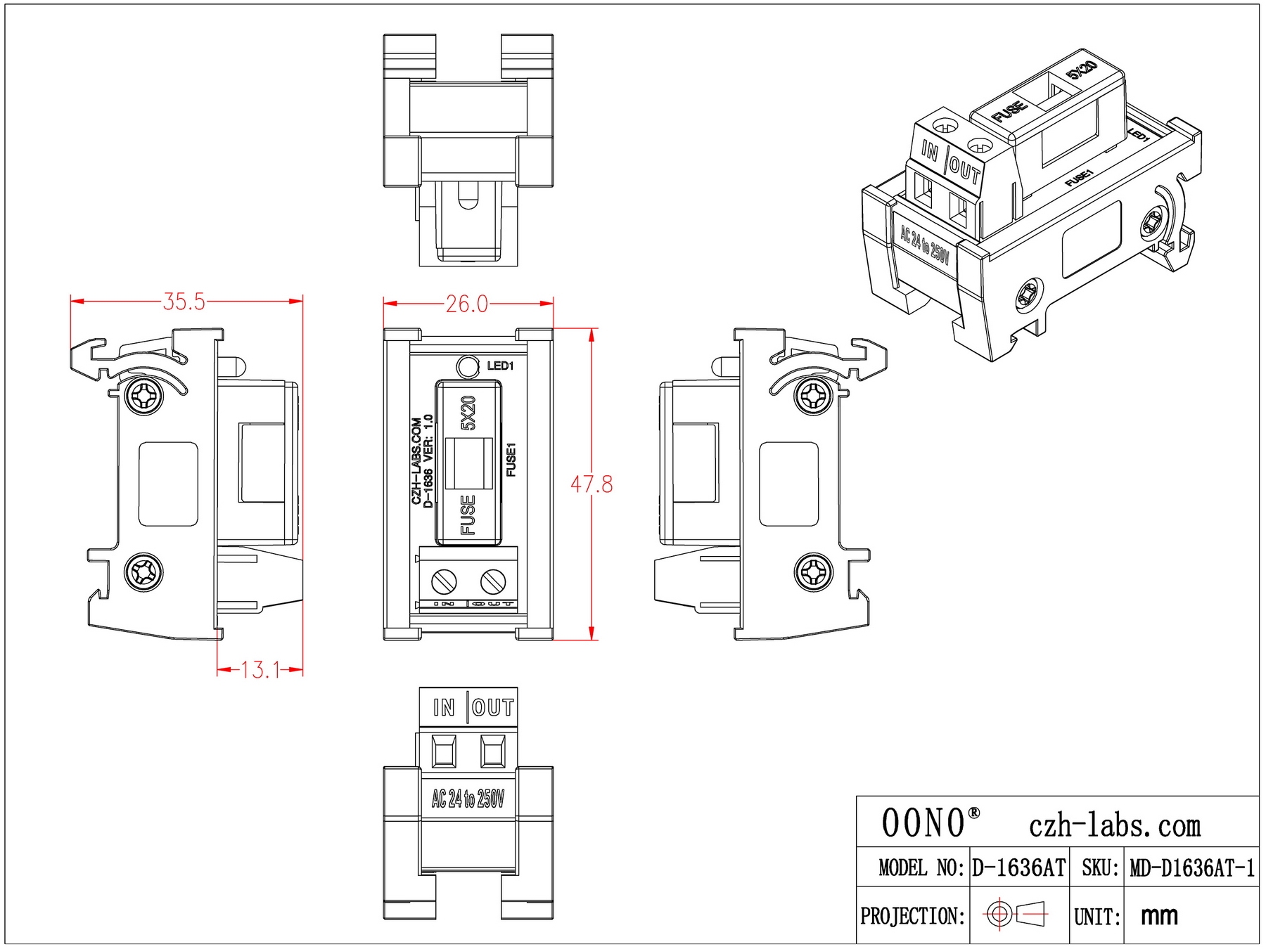 DIN Rail Mount AC 24 - 250V 1 Channel Fuse Module, OONO D-1636AT
