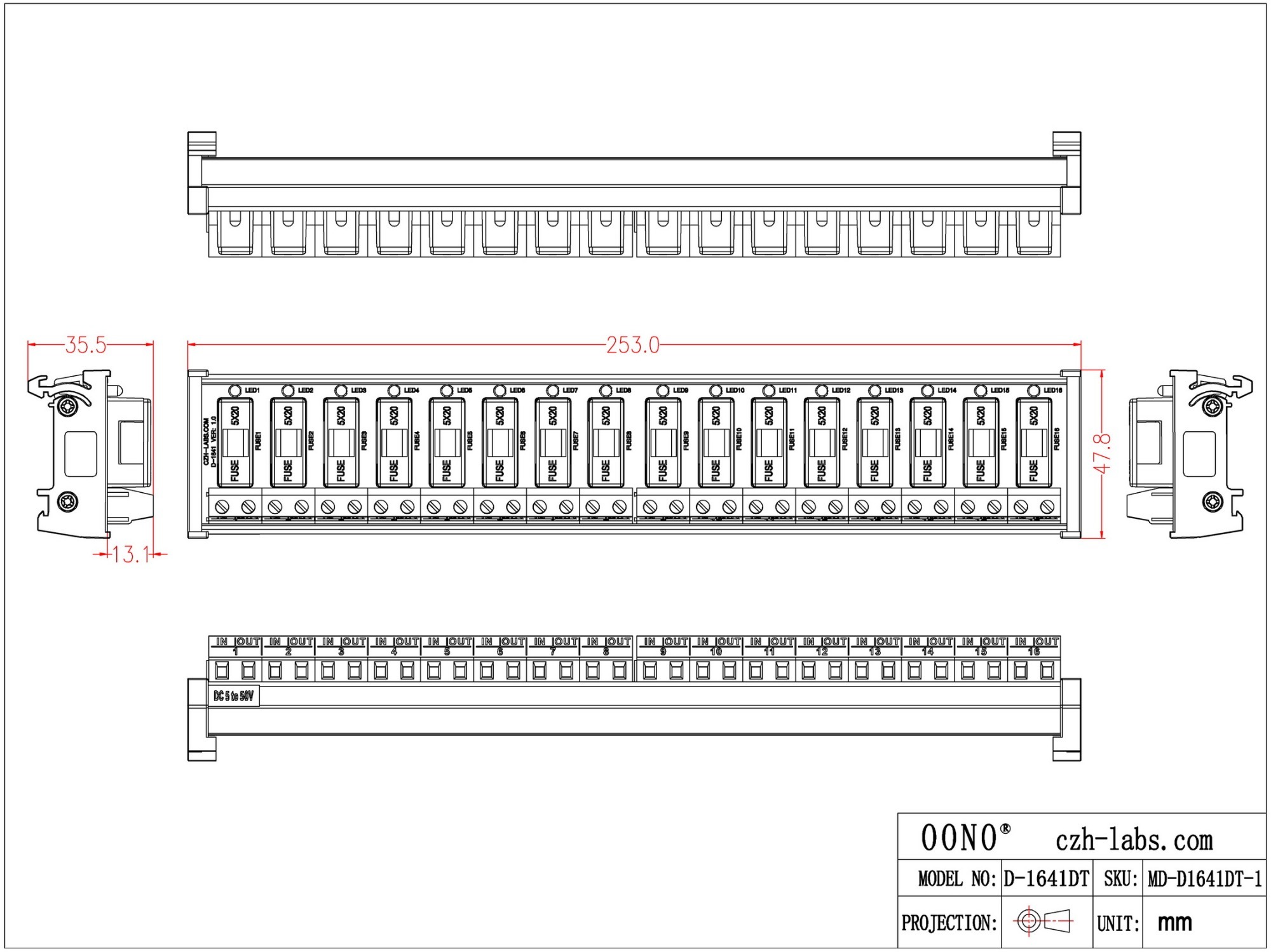 DIN Rail Mount DC 5 - 50V 16 Channel Fuse Module, OONO D-1641DT