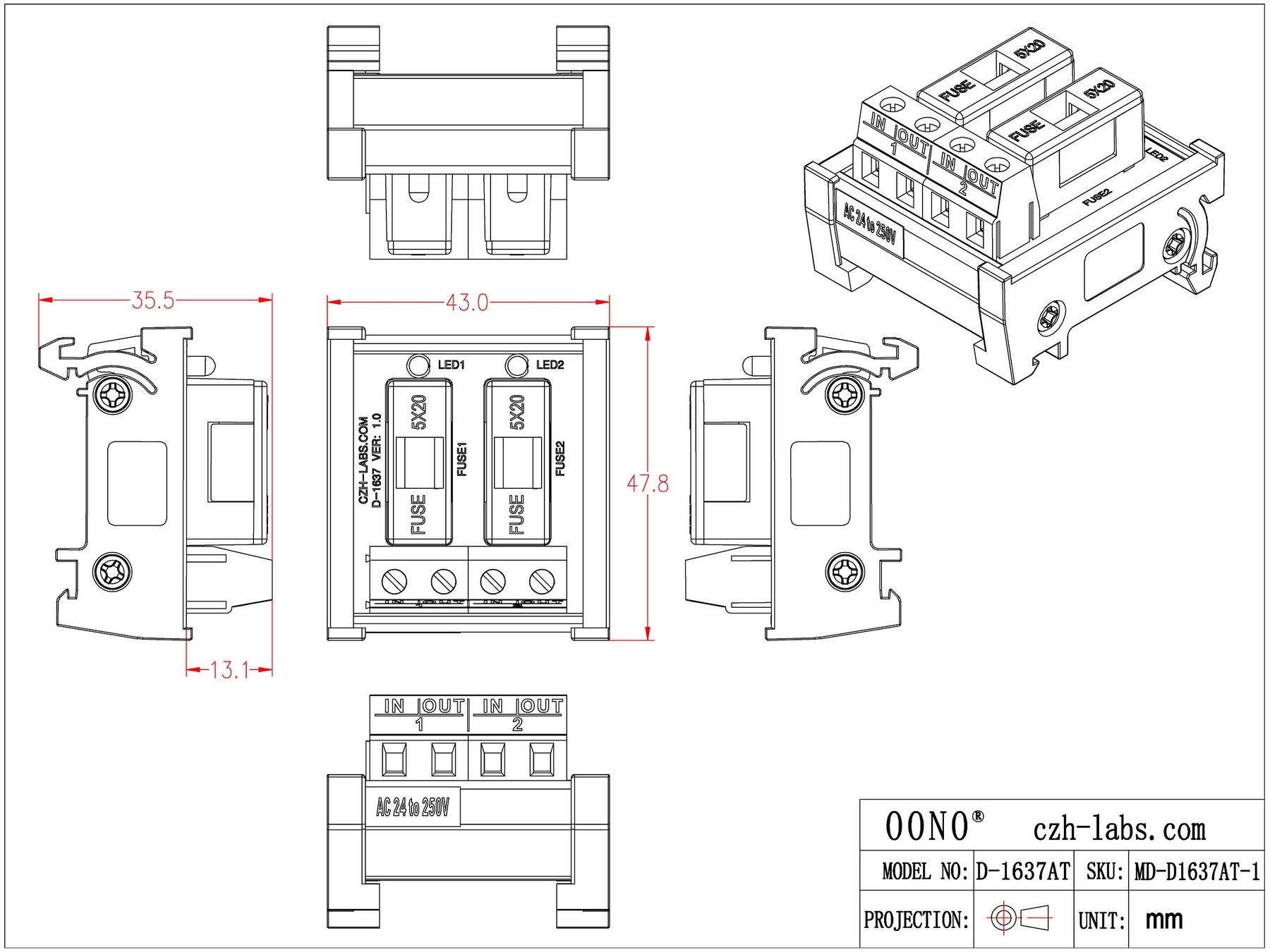 DIN Rail Mount AC 24 - 250V 2 Channel Fuse Module, OONO D-1637AT