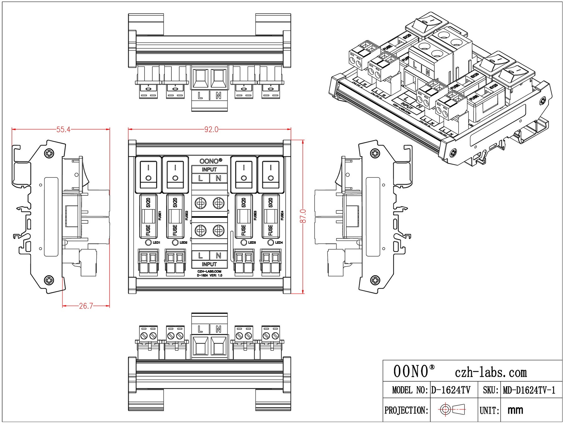 AC 52 Amp 4 Channel Power Distribution Module, Rocker Switch, Fused, Pluggable Top Wiring Terminal Block, DIN Rail and Screw Mount