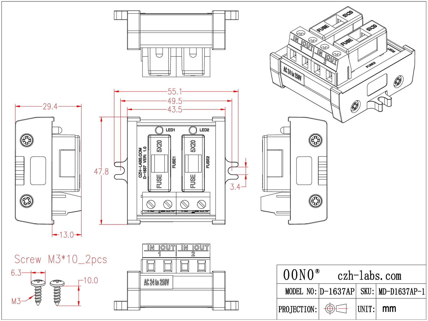 Screw Mount AC 24 - 250V 2 Channel Fuse Module, OONO D-1637AP