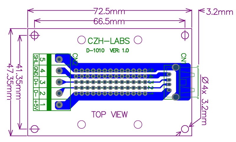 CZH-LABS USB Type A Female Right Angle Jack Breakout Board, Terminal Block Connector.