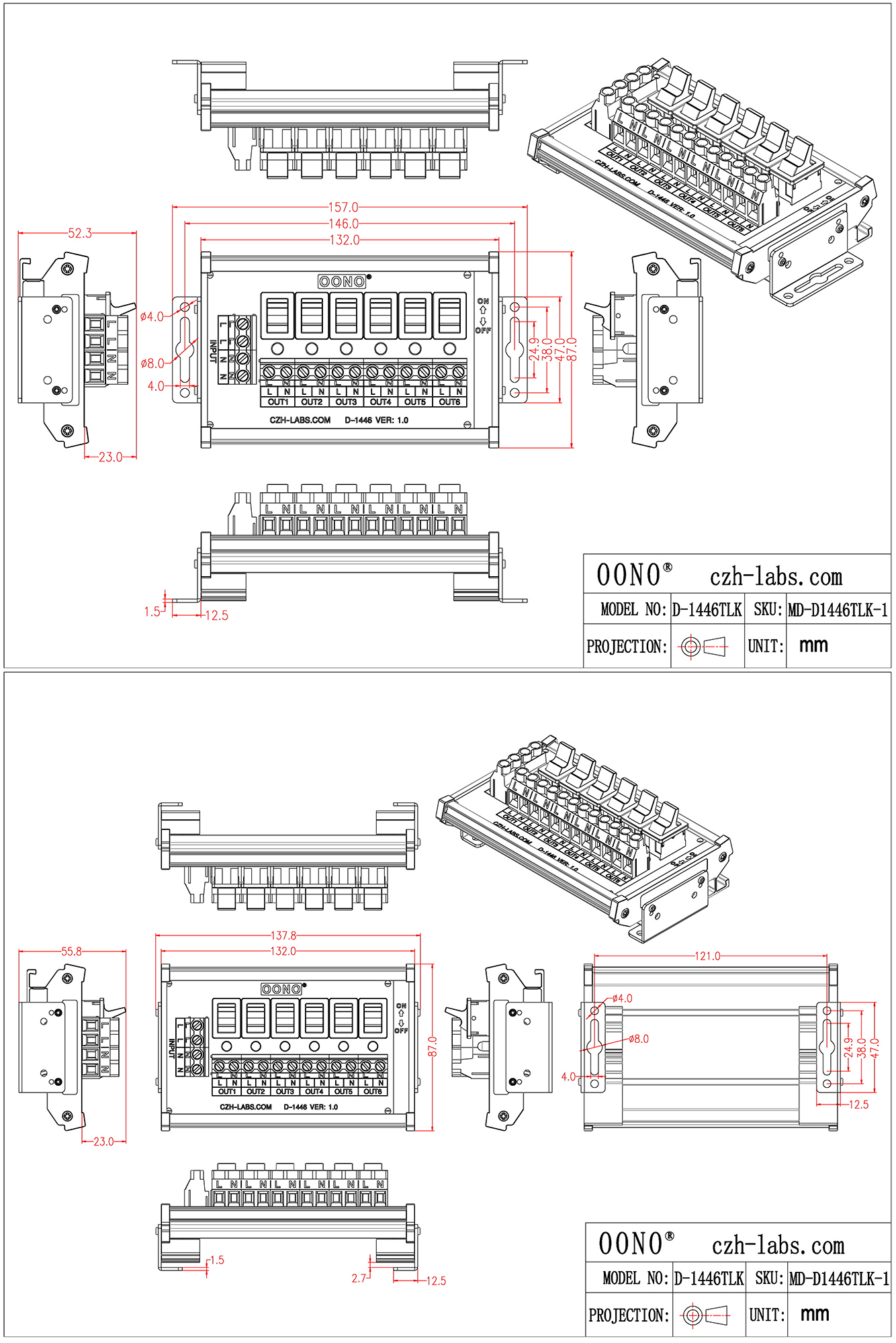 Wall Mount 6 Channel Paddle Rocker Switch AC 115V 230V Power Distribution Strip Module