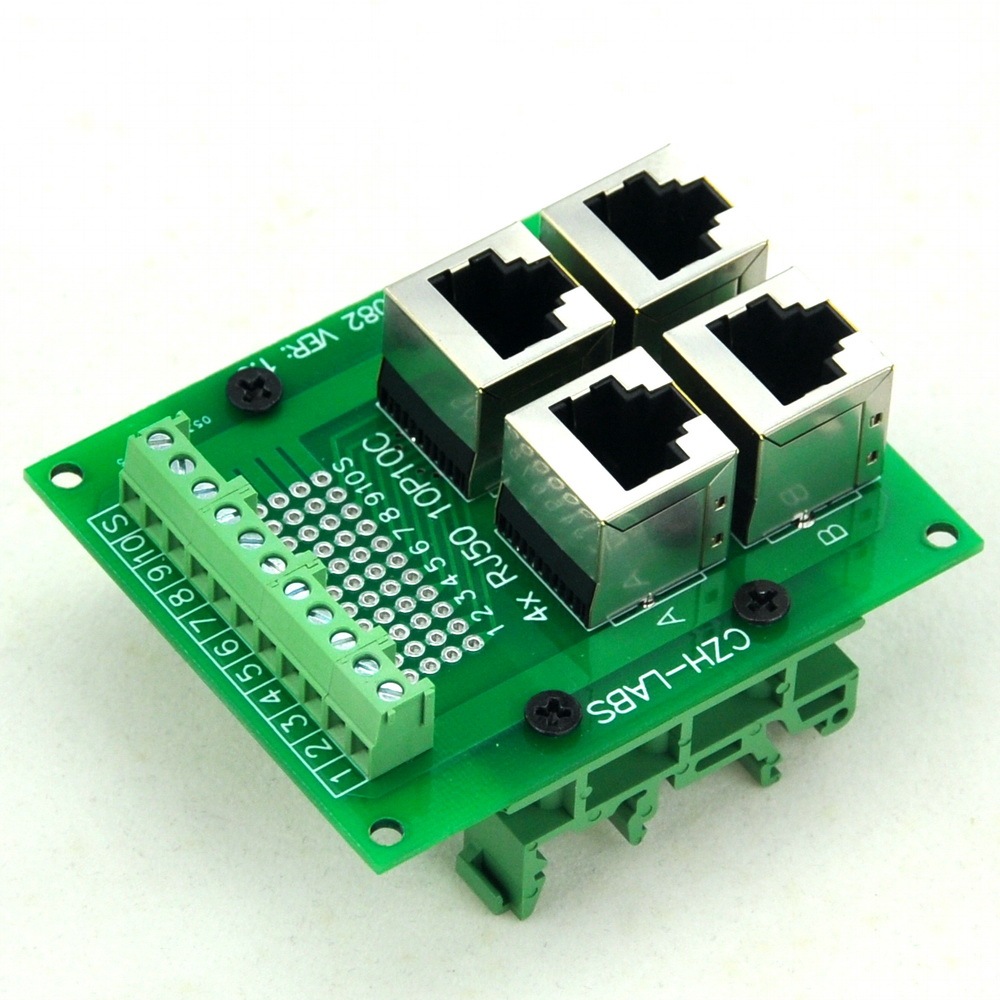 CZH-LABS RJ50 10P10C 4-Way Buss Board Interface Module with Simple DIN Rail Mount Bracket
