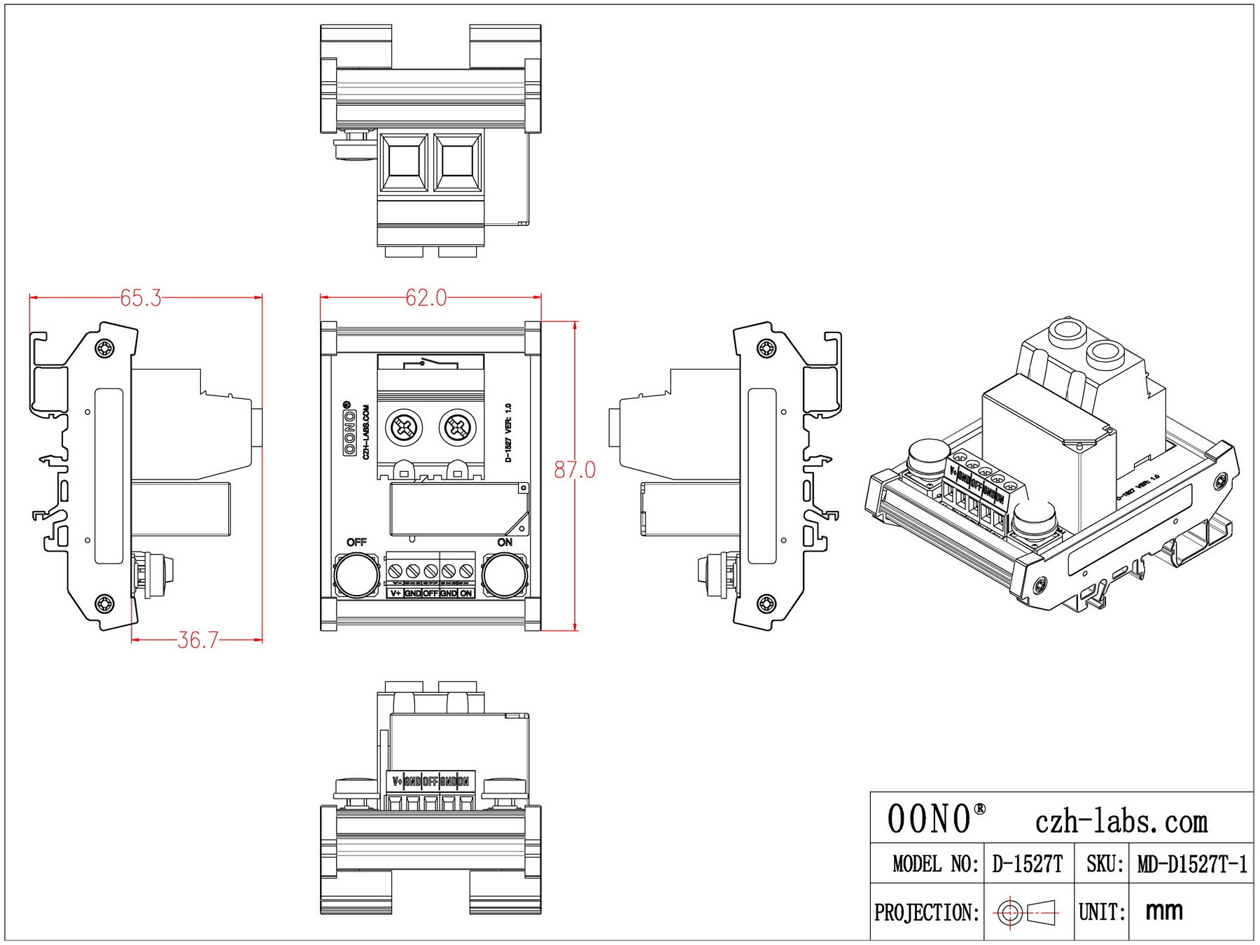 DC12V SPST 90Amp 277VAC/60VDC Latching Relay Module, DIN Rail Mount, OONO D-1527T