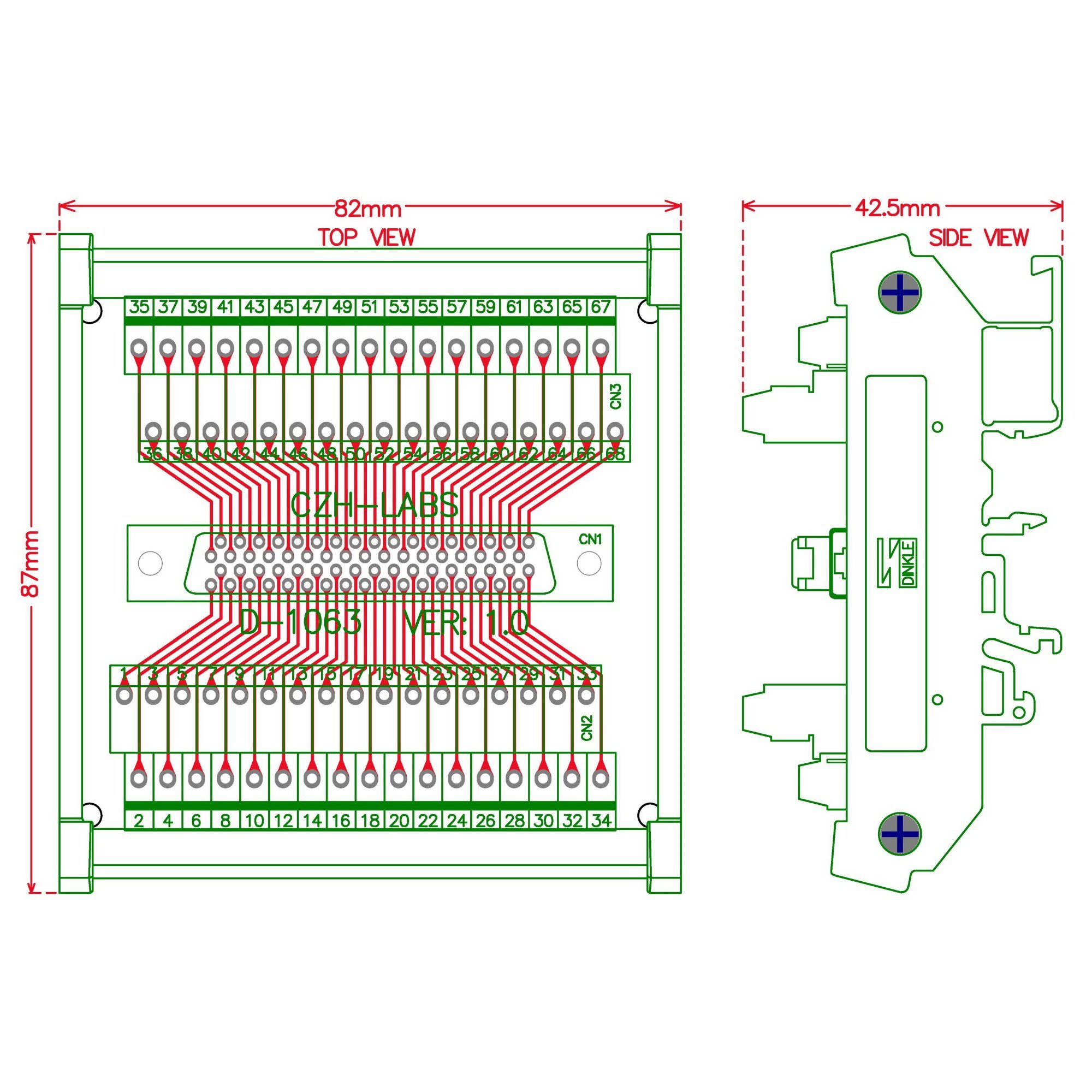 CZH-LABS DIN Rail Mount 68-pin 0.05" Mini D Ribbon/MDR Female Interface Module, SCSI.