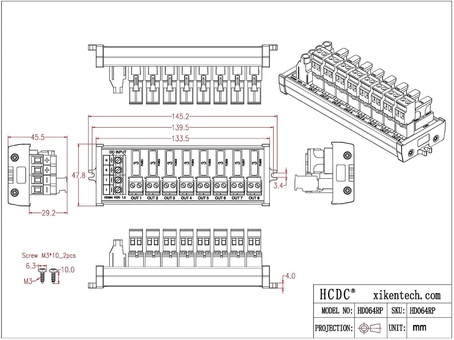 Screw Mount DC 5-32V 8 Channel Pluggable Side Wiring Terminal Block Power Distribution Fuse Module, HCDC HD064RP