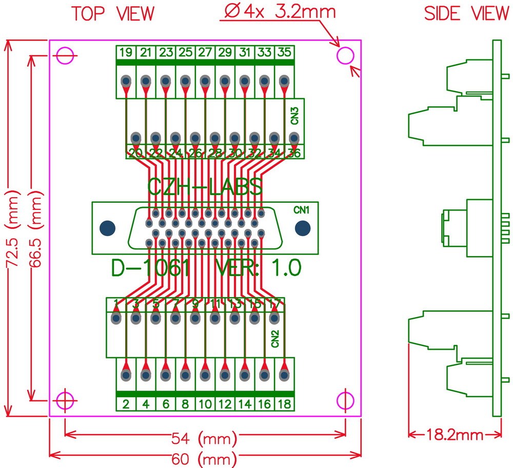 CZH-LABS 36-pin 0.05" Mini D Ribbon/MDR Female Breakout Board, SCSI, Terminal Module.