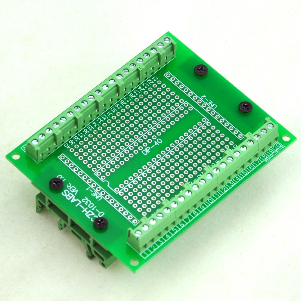DIP-40 Component to Screw Terminal Adapter PCB, w/Simple DIN Rail Mount Bracket.