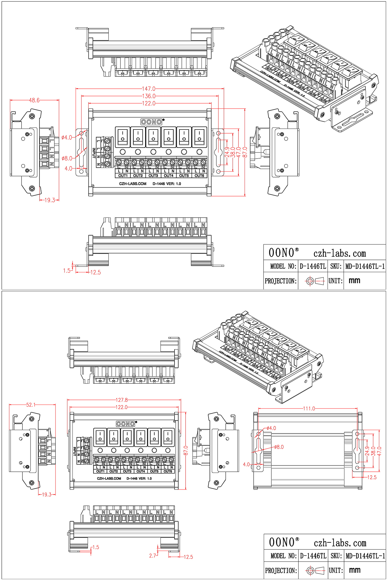 Wall Mount 6 Channel Rocker Switch AC 115V 230V Power Distribution Strip Module