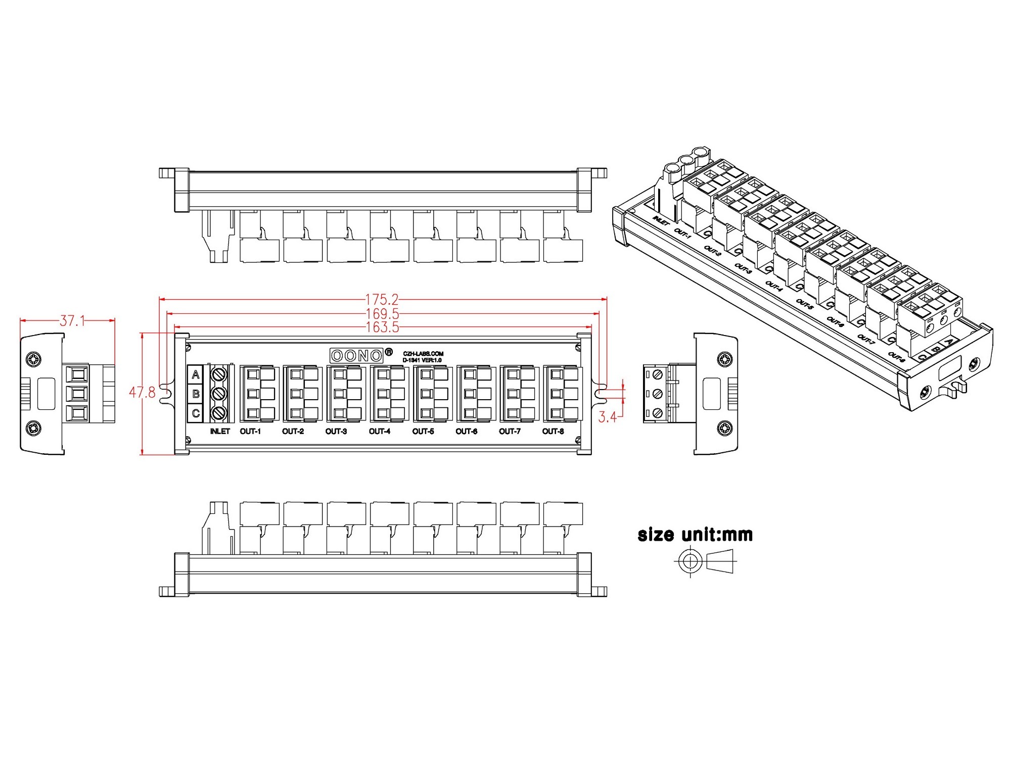 OONO Screw Mount 30A/300V 8x3 Position Pluggable Terminal Block Distribution Module