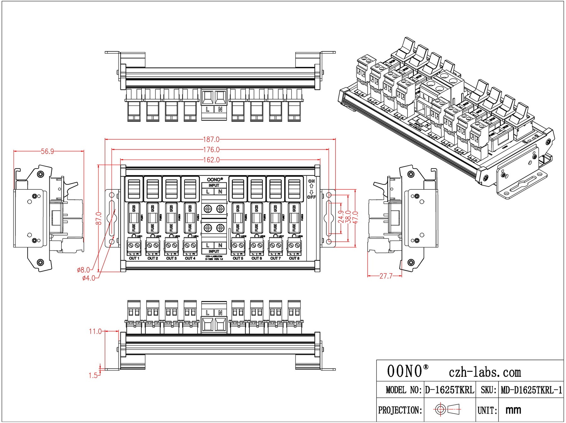 AC 52 Amp 8 Channel Power Distribution Module, Paddle Switch, Fused, Pluggable Side Wiring Terminal Block, DIN Rail and Screw Mount