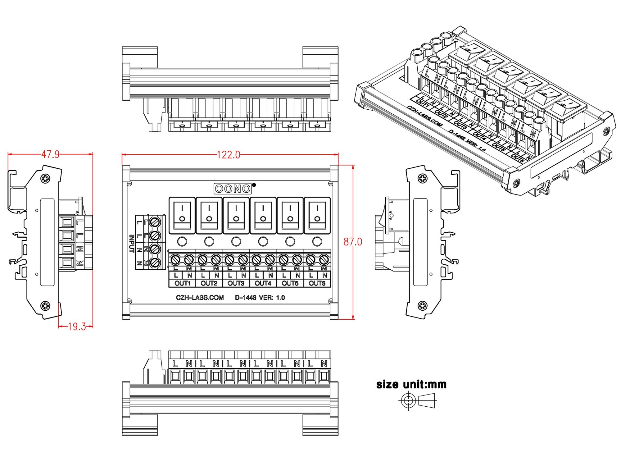 DIN Rail Mount 6 Channel Paddle Rocker Switch AC 115V 230V Power Distribution Strip Module